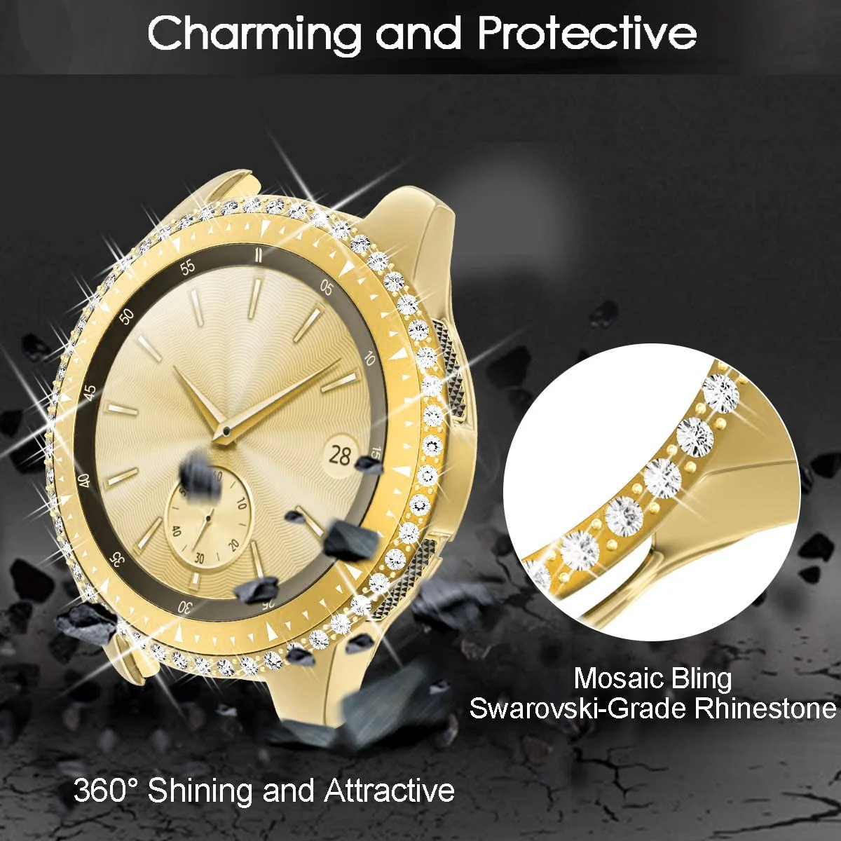 DL3 Mobilak Bumper Diamond Case Compatible with Samsung Galaxy Watch 46mm, Gear S3 Frontier Case (NOT fit for -R770), Bling Crystal Diamonds PC Plastic Protector Case Cover Frame - Gold
