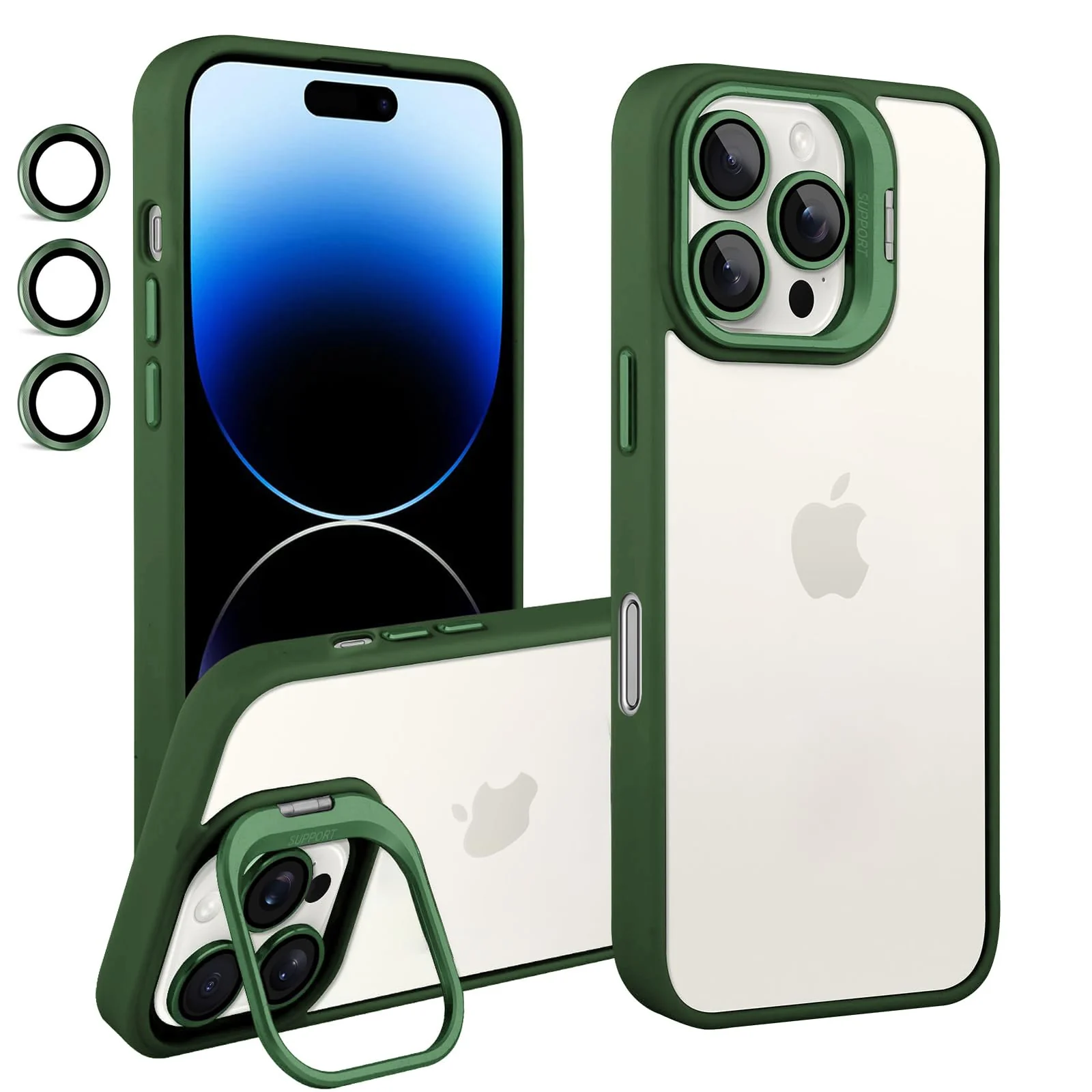 DL3 Mobilak Clear PC and TPU Case with Camera Ring Kickstand and Lens Protector for iPhone 16 Pro Max - Green