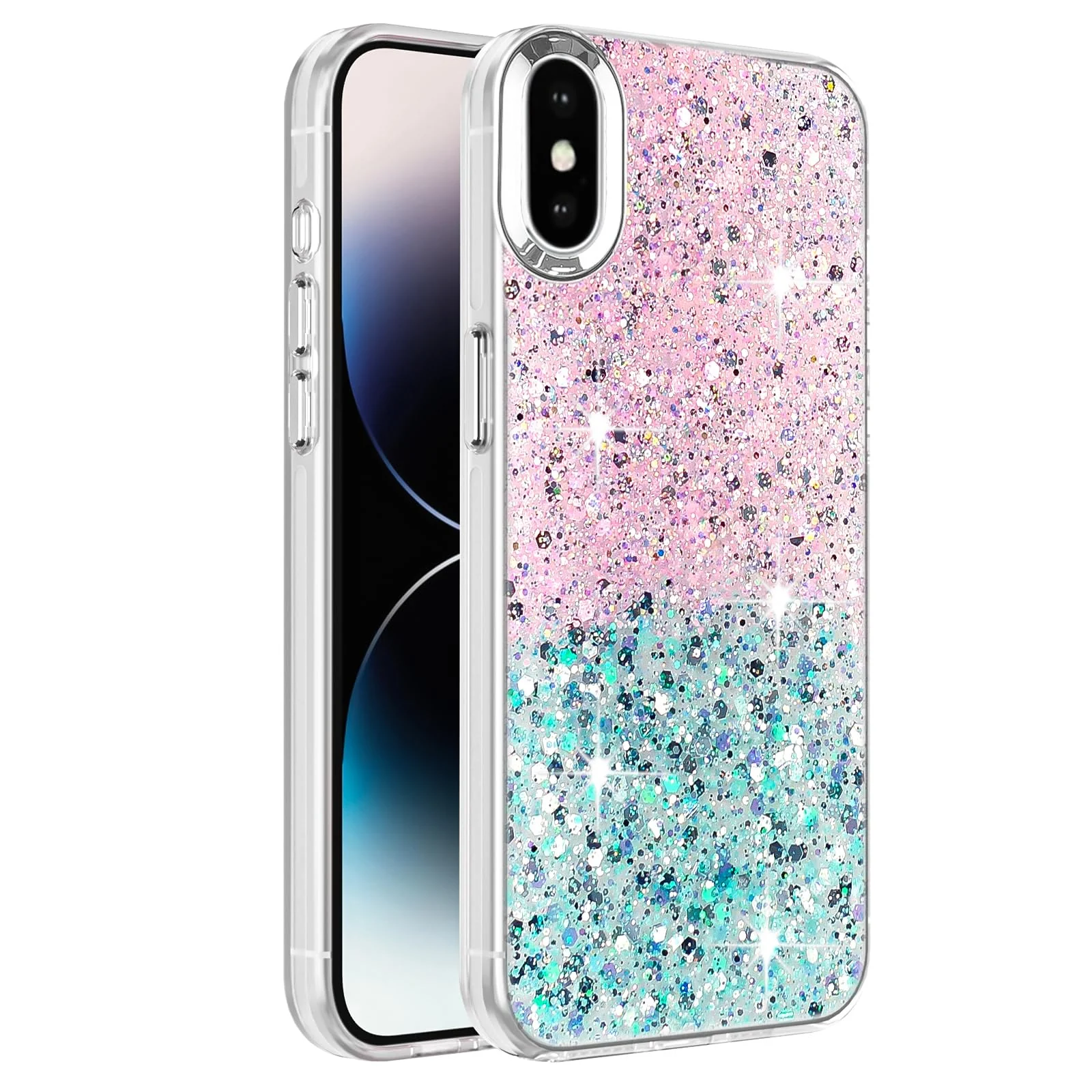 DL3 Mobilak Glitter Protective Case for iPhone X / iPhone XS, Supports wireless charging, Camera protection, Shock-absorbing protection - Pink Green