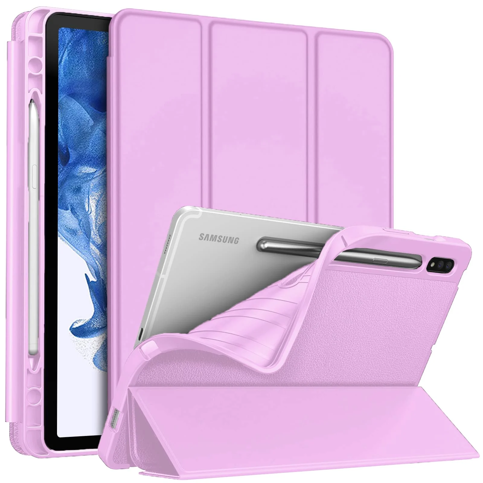 DL3 Mobilak Smart Case for Samsung Galaxy Tab S8 Plus 2022/S7 FE/S7 Plus 12.4 with Pencil Holder, Soft TPU Smart Stand Back Cover Auto Wake/Sleep Feature - Pastel Violet