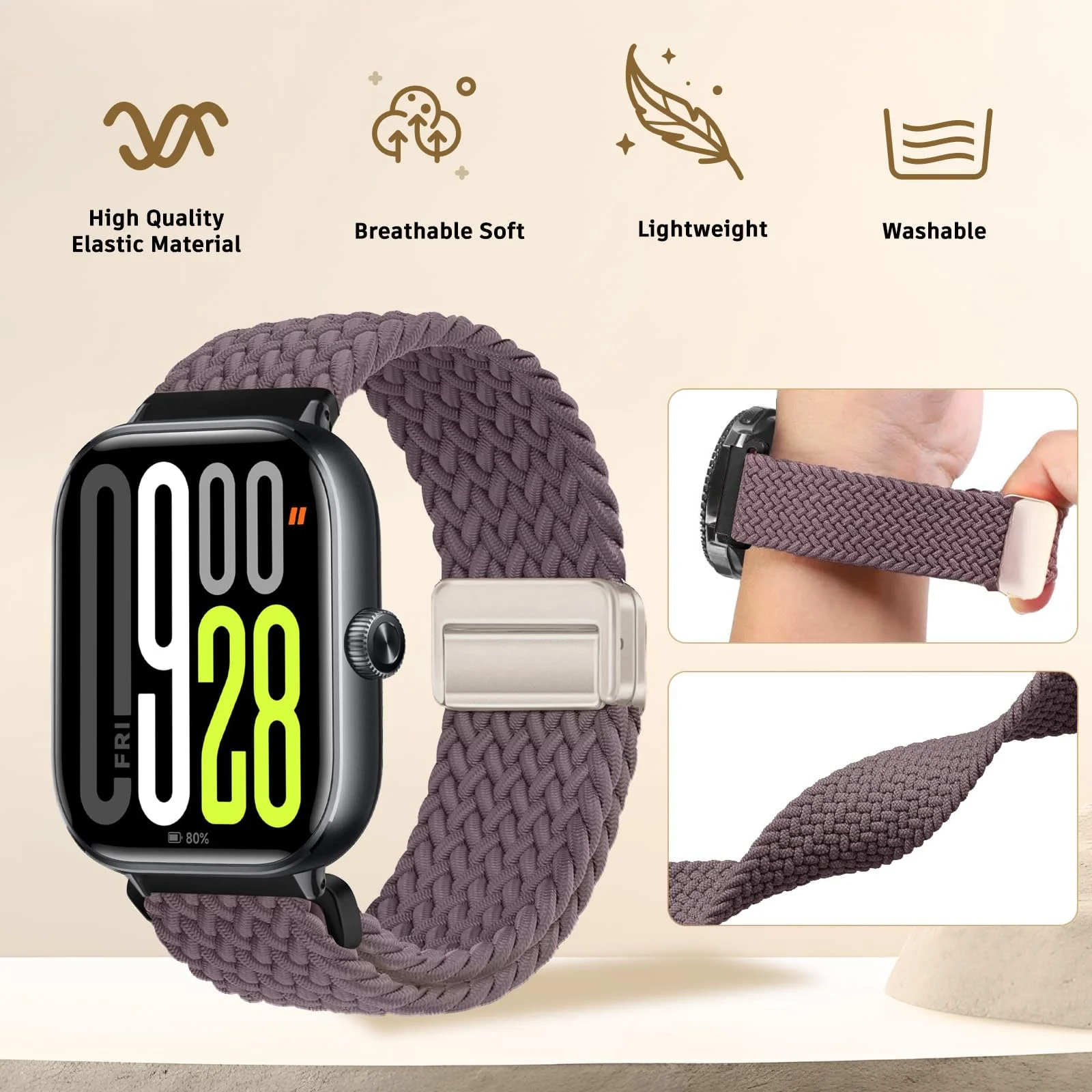 DL3 Mobilak Braided Bracelet Compatible with Redmi Watch 4/5 / 6 / Xiaomi Smart Band 8 Pro/Band 9 Pro, Nylon Magnetic Fabric Elastic Sport Nylon Replacement Strap for Men Women - Smoke Violet