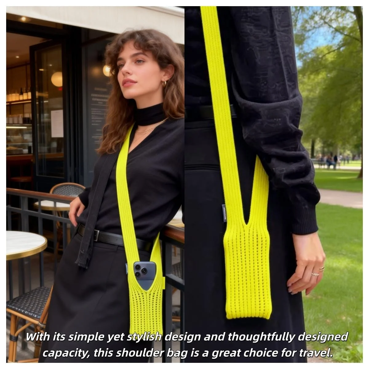DL3 Mobilak Phone Pocket Lanyard Crossbody Strap 80cm, Universal Stretch Knit Mobile Holder Pouch, Hands-Free Shoulder Phone Bag for iPhone & All Smartphones, Lightweight Minimalist Design - Lemon
