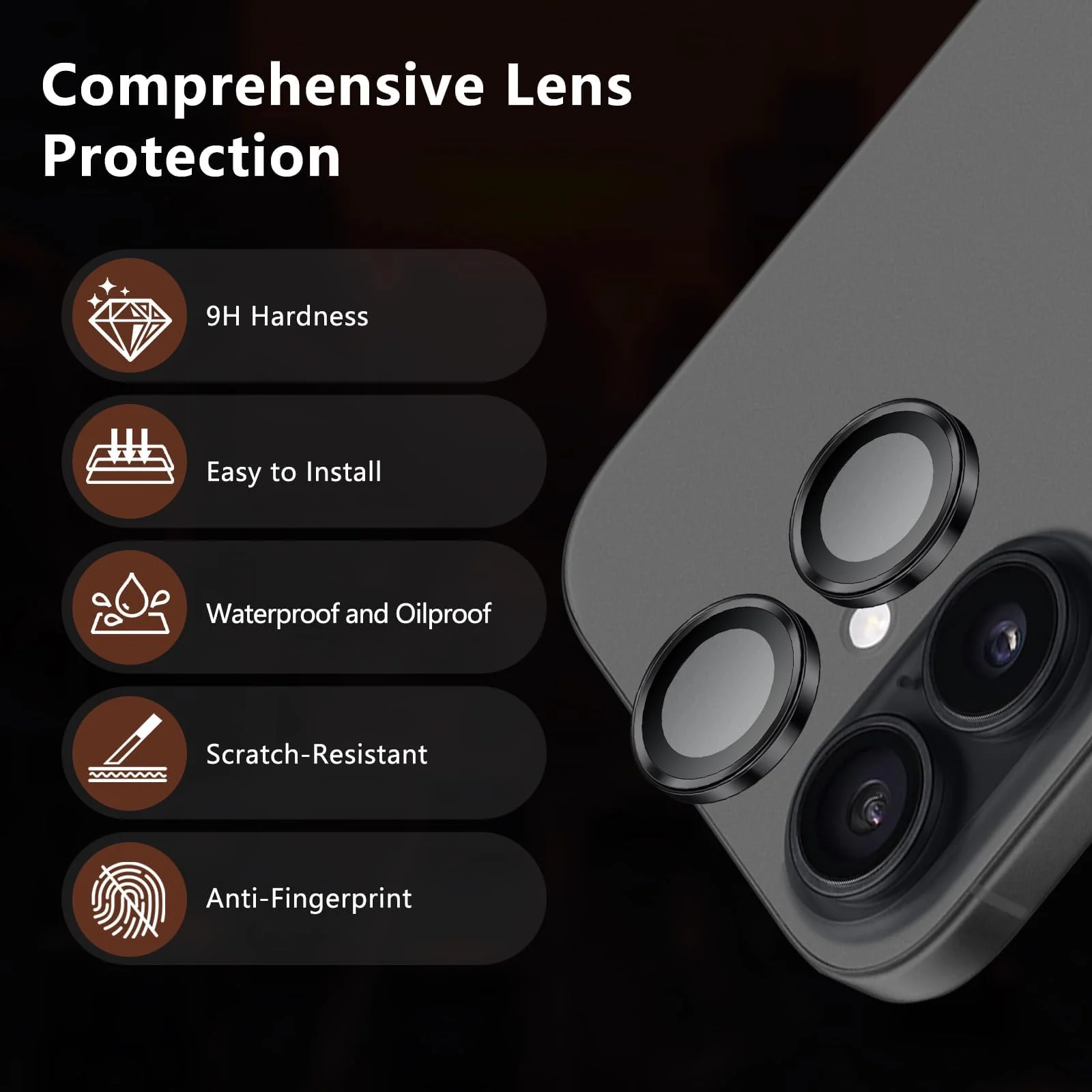 DL3 Mobilak Camera Lens Protector for iPhone 17 Accessories, 9H Tempered Glass Metal Individual Ring Camera Cover Screen Protector, Case Friendly, Anti Scratch - Black