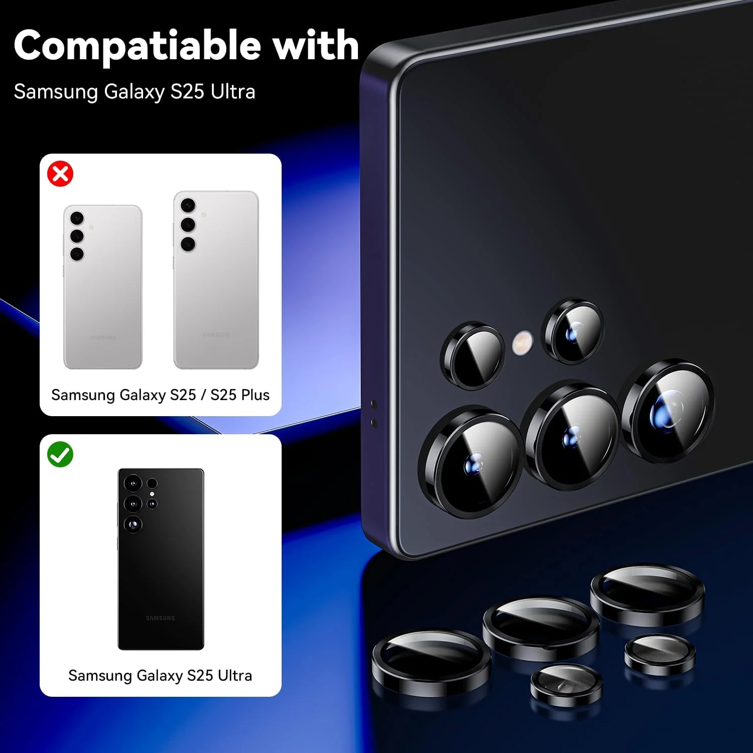 DL3 Mobilak for Samsung Galaxy S25 Ultra Camera Lens Protector, Individual Lens Protectors, Scratch-Resistant Ultra-Thin Tempered Glass with Aluminum Ring Cover, Galaxy S25 Ultra Case Friendly - Black