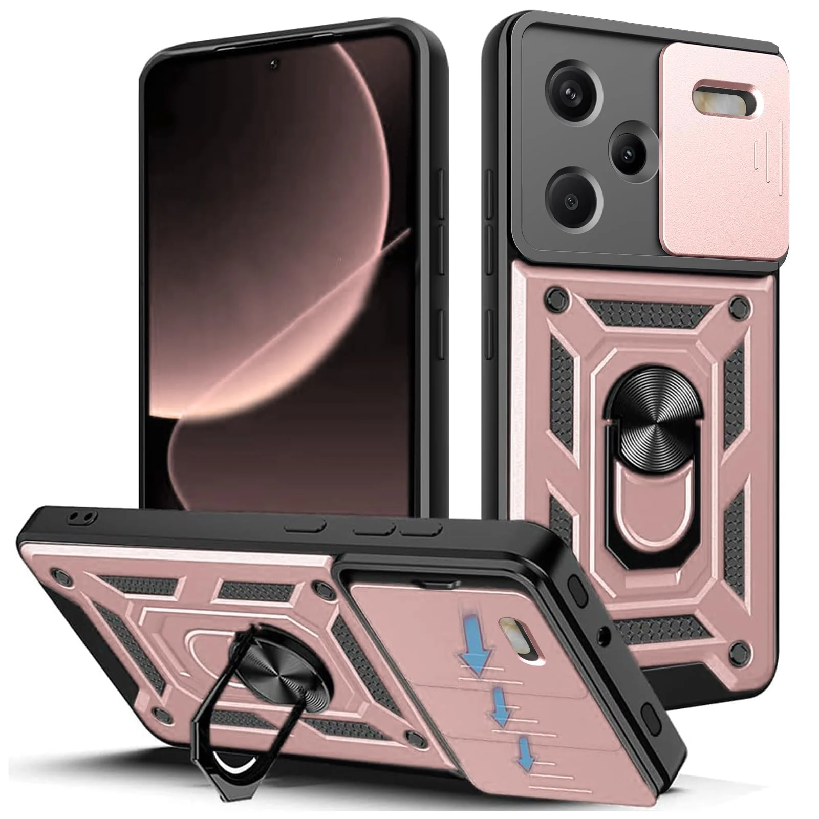 Dl3 Mobilak Case for Xiaomi Redmi Note 13 Pro+ Plus 5G with Slide Camera Cover, Military Grade Shockproof Protective Cover with Rotatable Metal Ring Kickstand [Support Magnetic Car Mount] (Rose Gold)