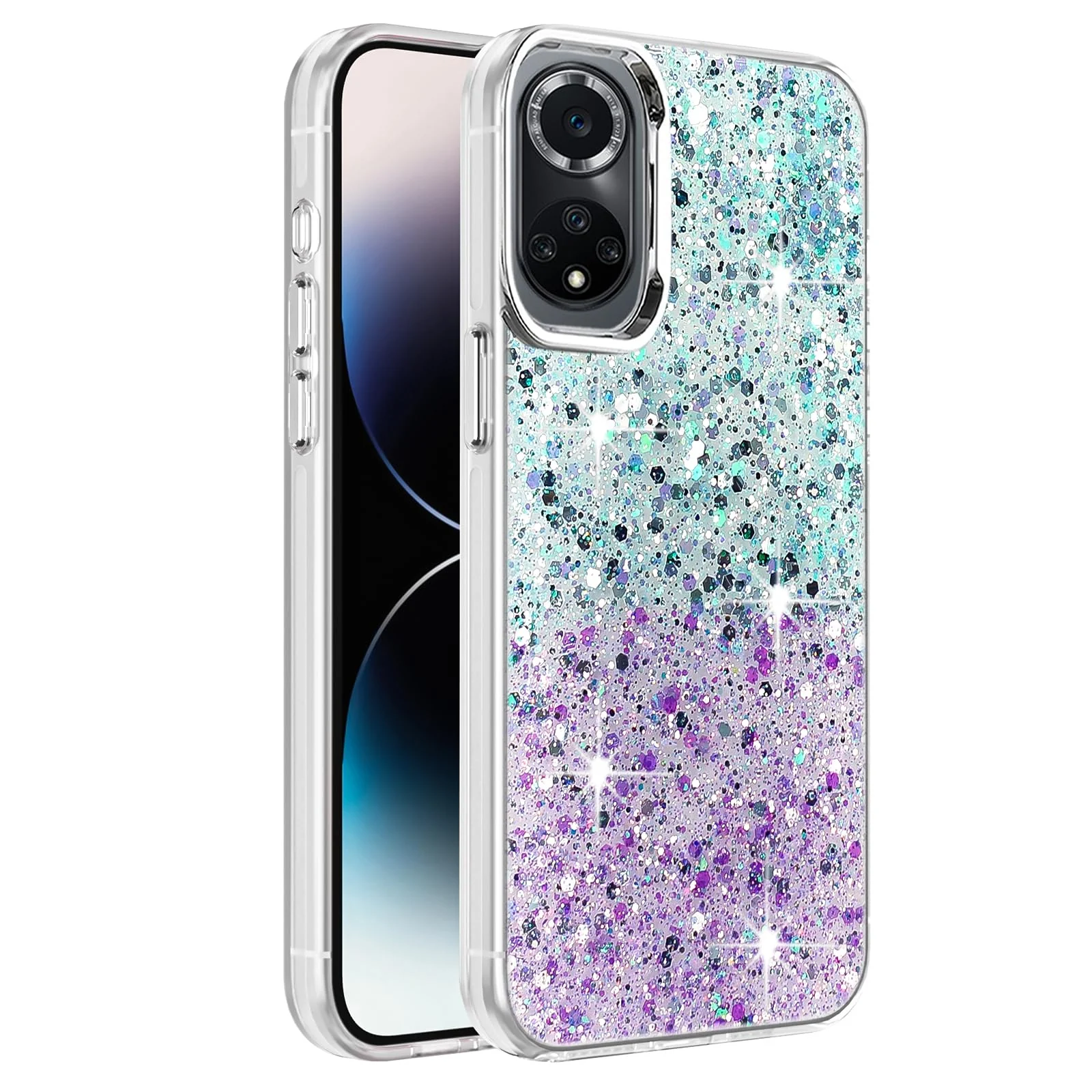 DL3 Mobilak Glitter Protective Case for Honor 50 / Huawei Nova 9, Supports wireless charging, Camera protection, Shock-absorbing protection - Green Purple