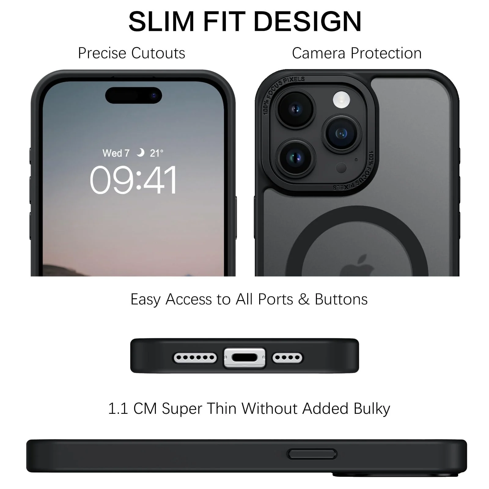 DL3 Mobilak Translucent Matte Case for iPhone 15 Pro 6.1-Inch, Compatible with MagSafe accessories, Supports wireless charging, Built-in magnetic car-mount support - Black