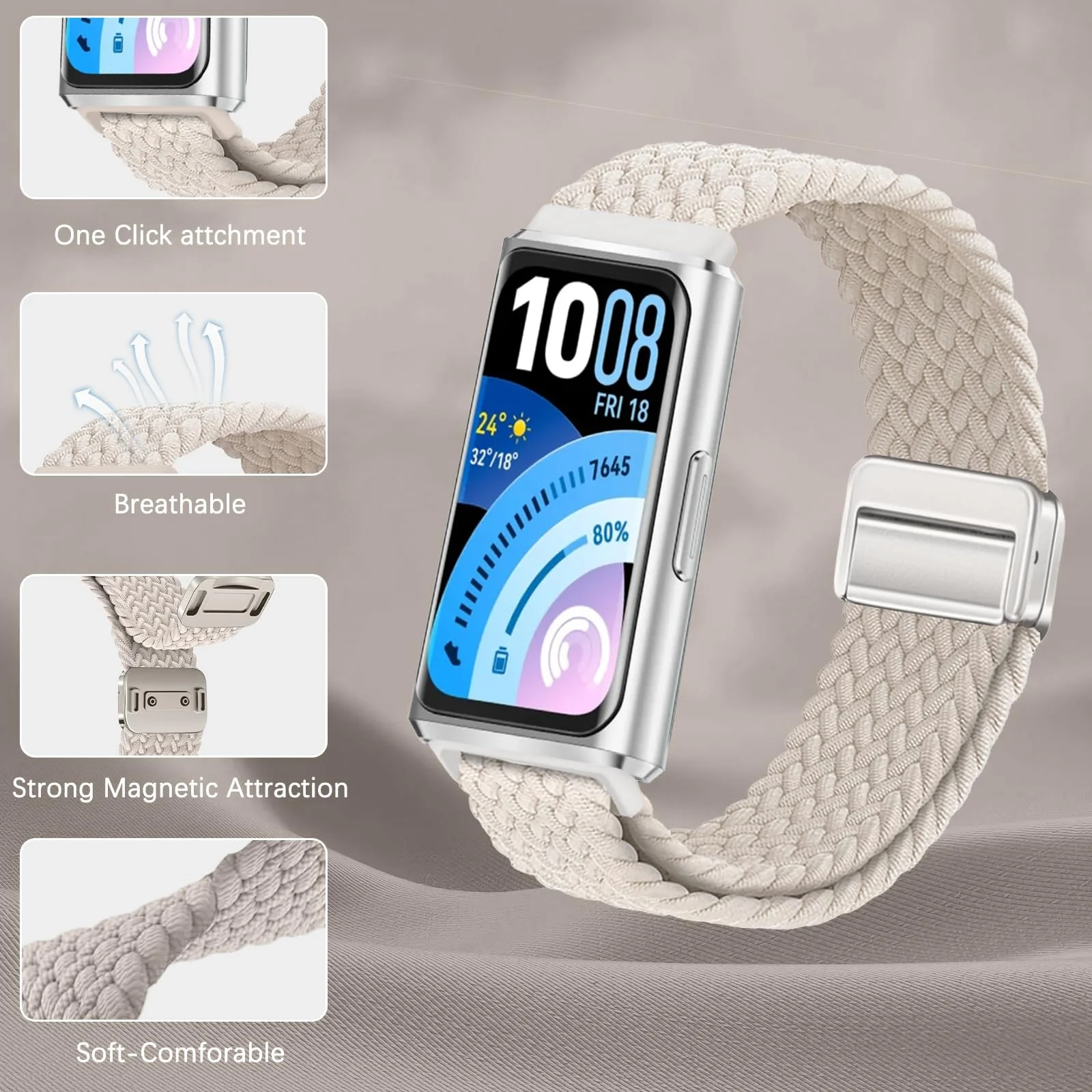 DL3 MOBILAK Braided Elastic Nylon Magnetic Watch Strap for Huawei Band 11 / Band 11 Pro, Starlight