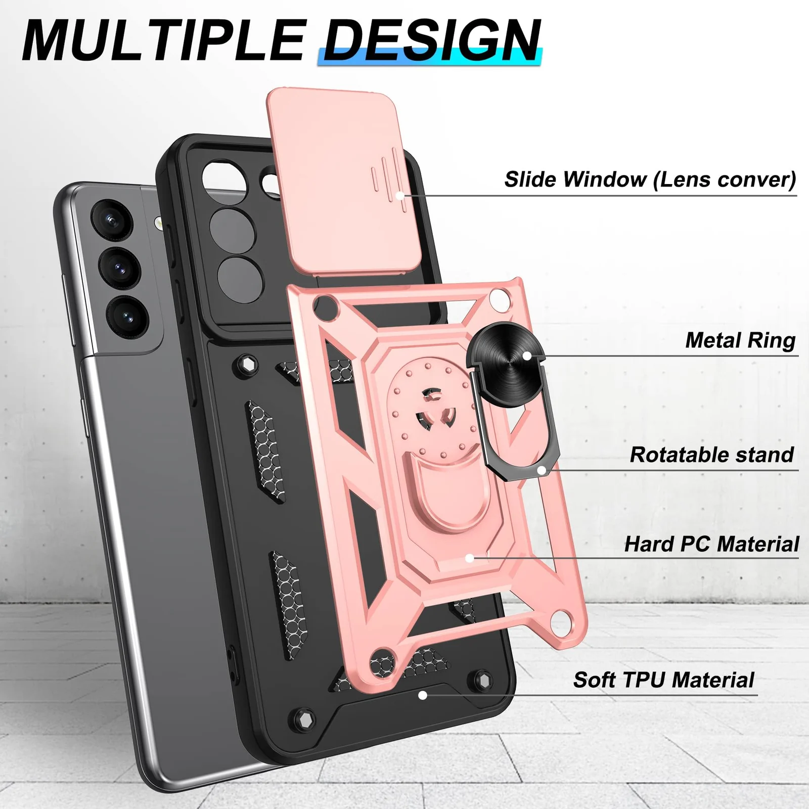 DL3 Mobilak Case for Samsung S21 PLUS with Slide Camera Cover, Military Grade Shockproof Protective Cover with Rotatable Metal Ring Kickstand [Support Magnetic Car Mount] - Rose Gold