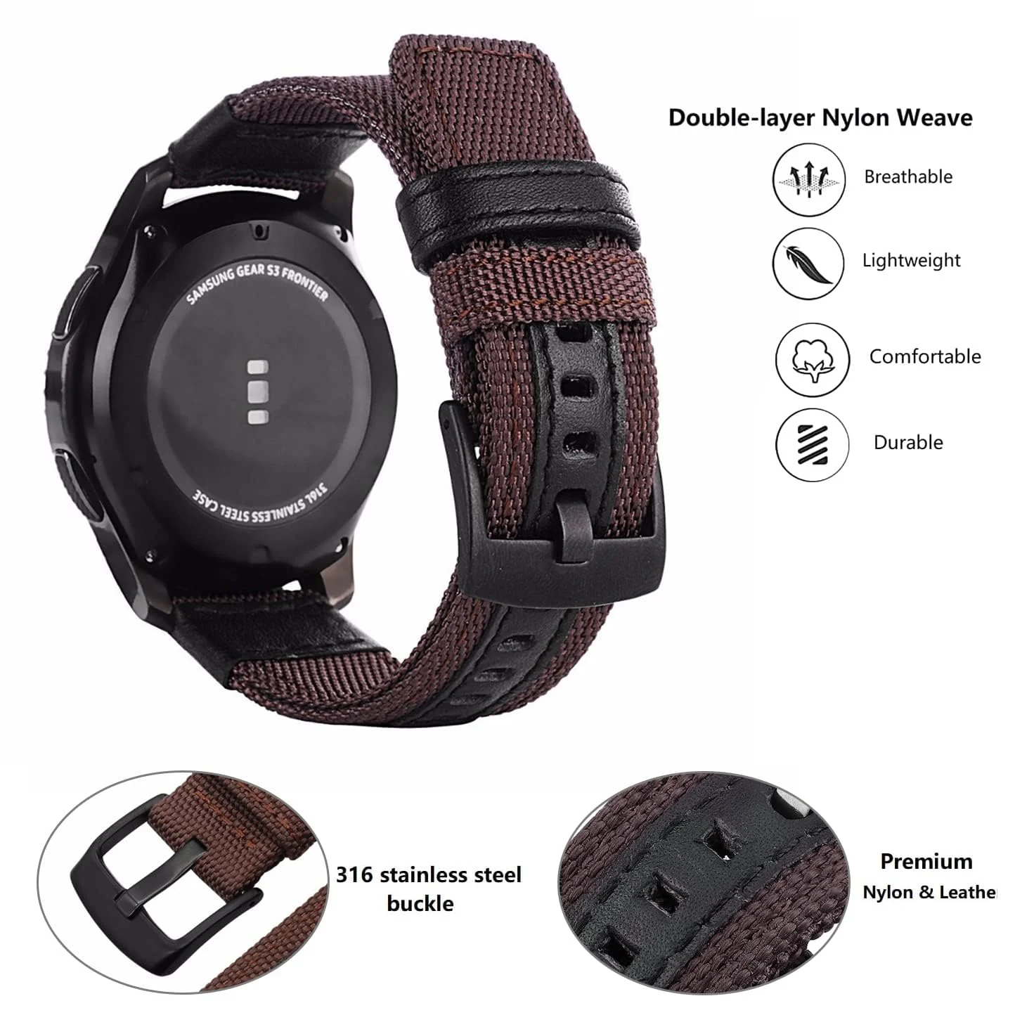 DL3 Mobilak Nylon Sports Bands With Leather 20MM Strap for Samsung Gear Sport, Watch 6, 4, 5, 5 Pro, S2 Classic, Active 2 40mm 44mm, Amazfit GTS 3, 4, 4 Mini, Bip 3 Pro, GTS2, Bp U - Brown