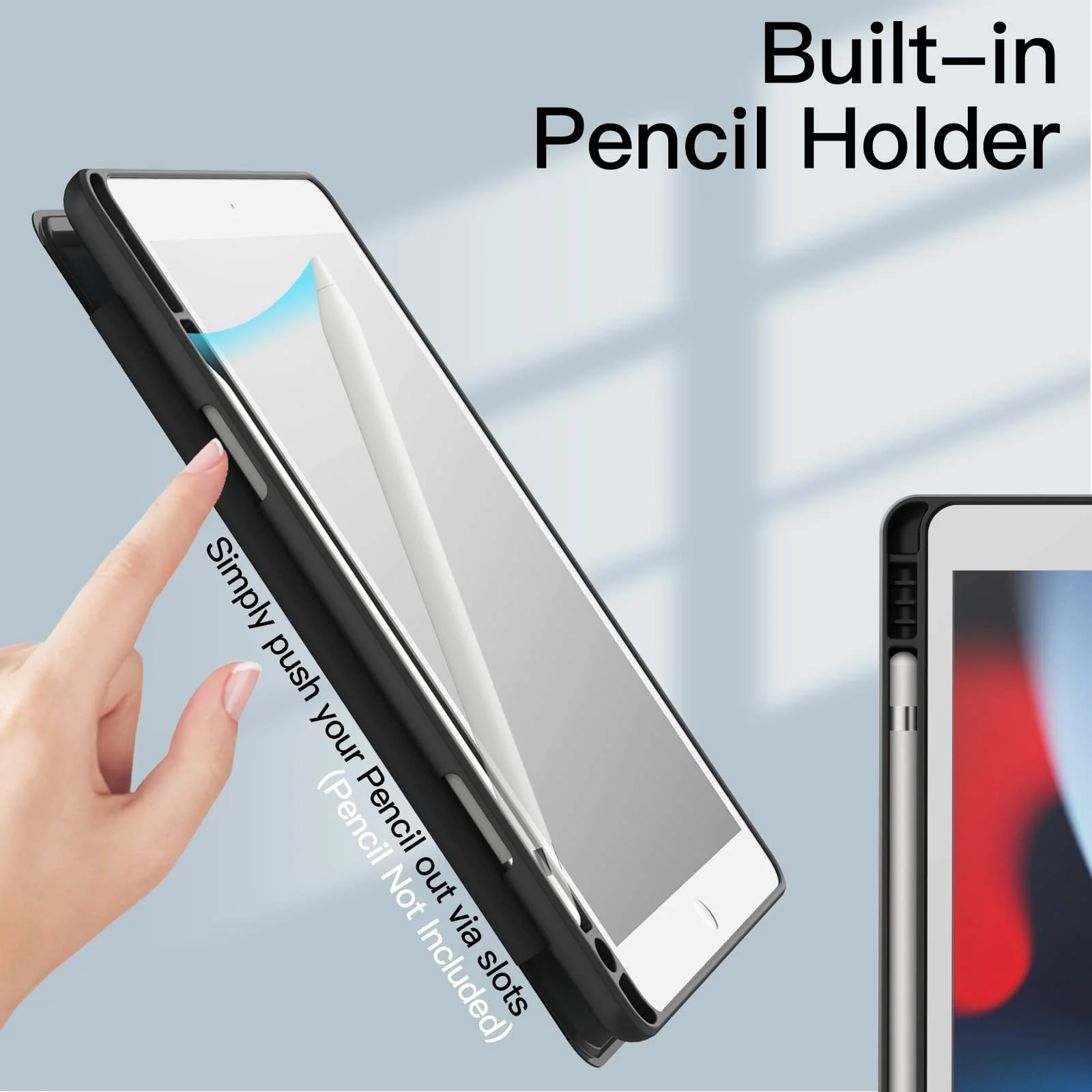 DL3 Mobilak Case for iPad 10.2-Inch (9th/8th/7th Generation, 2021/2020/2019), Clear Shockproof Back Cover Built-in Pencil Holder, Auto Sleep/Wake - Black