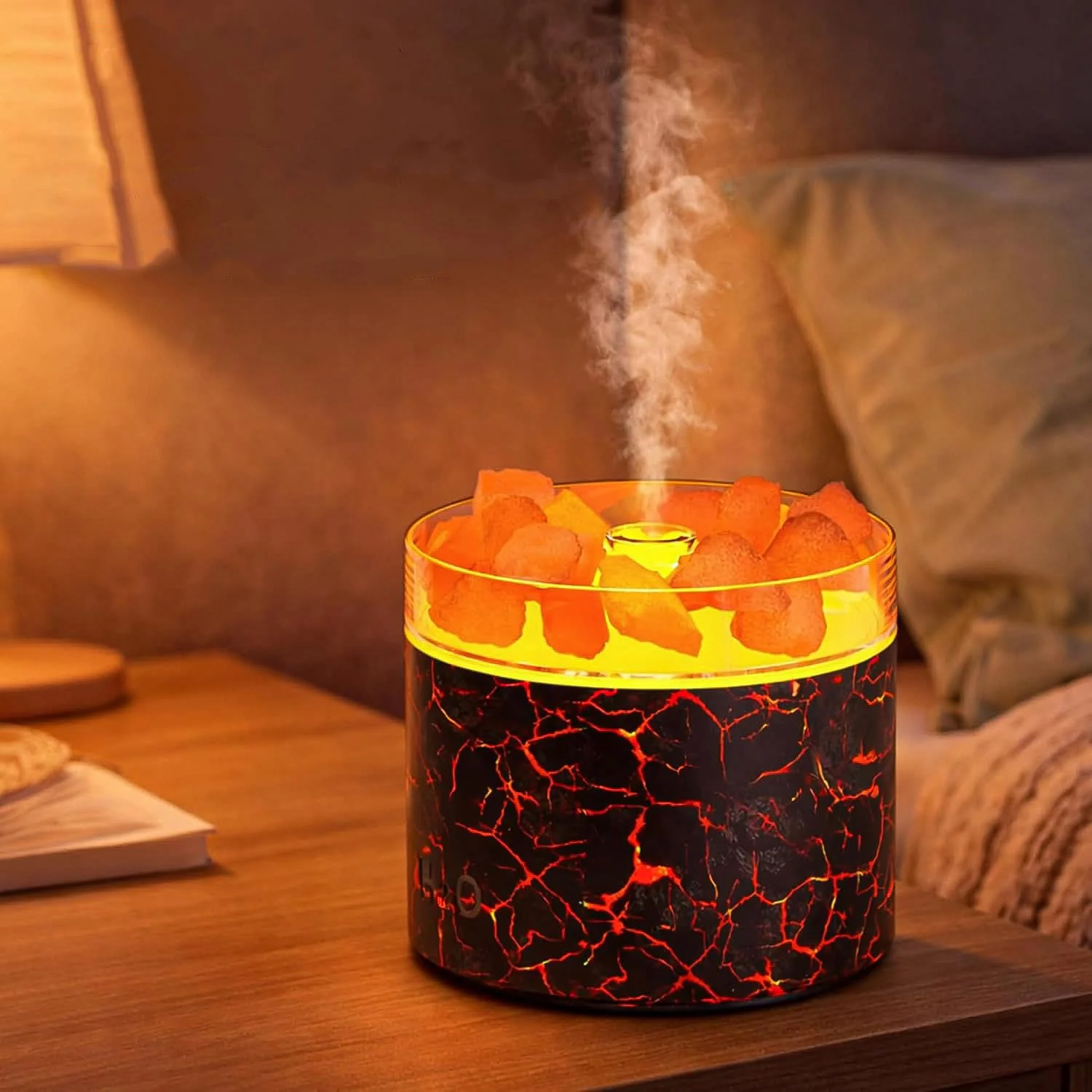 DL3 Mobilak 4-in-1 Ultrasonic Crystal Salt Stone Aromatherapy Diffuser & 160ML Humidifier - 7-Color LED Dreamy Flame Light, Auto Shut-Off - Crack Black