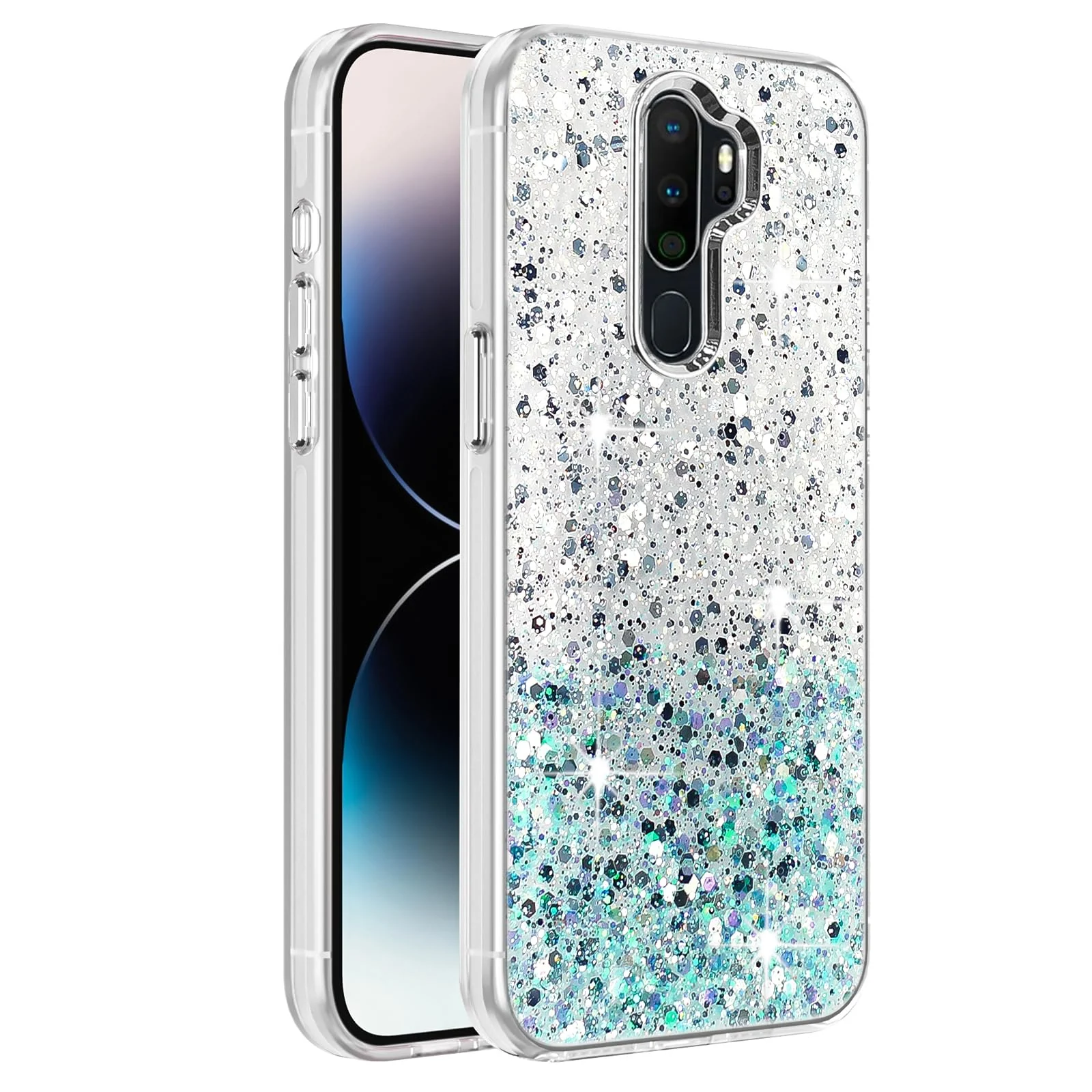 DL3 Mobilak Compatible with OPPO A9 2020 / OPPO A5 2020 Case, Clear Glitter Bling Sparkly, Soft TPU Frame Bumper, Hard-Back Cover for Women & Girls, Transparent Protective Phone Case - White Green