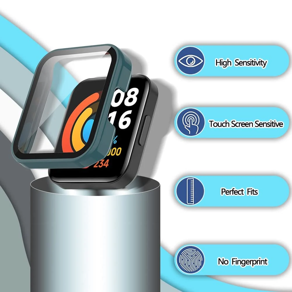 DL3 Mobilak Protective Case Compatible with Xiaomi Mi Redmi Watch 2 Lite, 9H Hardness PC Case Bumper Full Slim Protective Cover with Tempered Glass For Redmi Watch2 Lite - Green