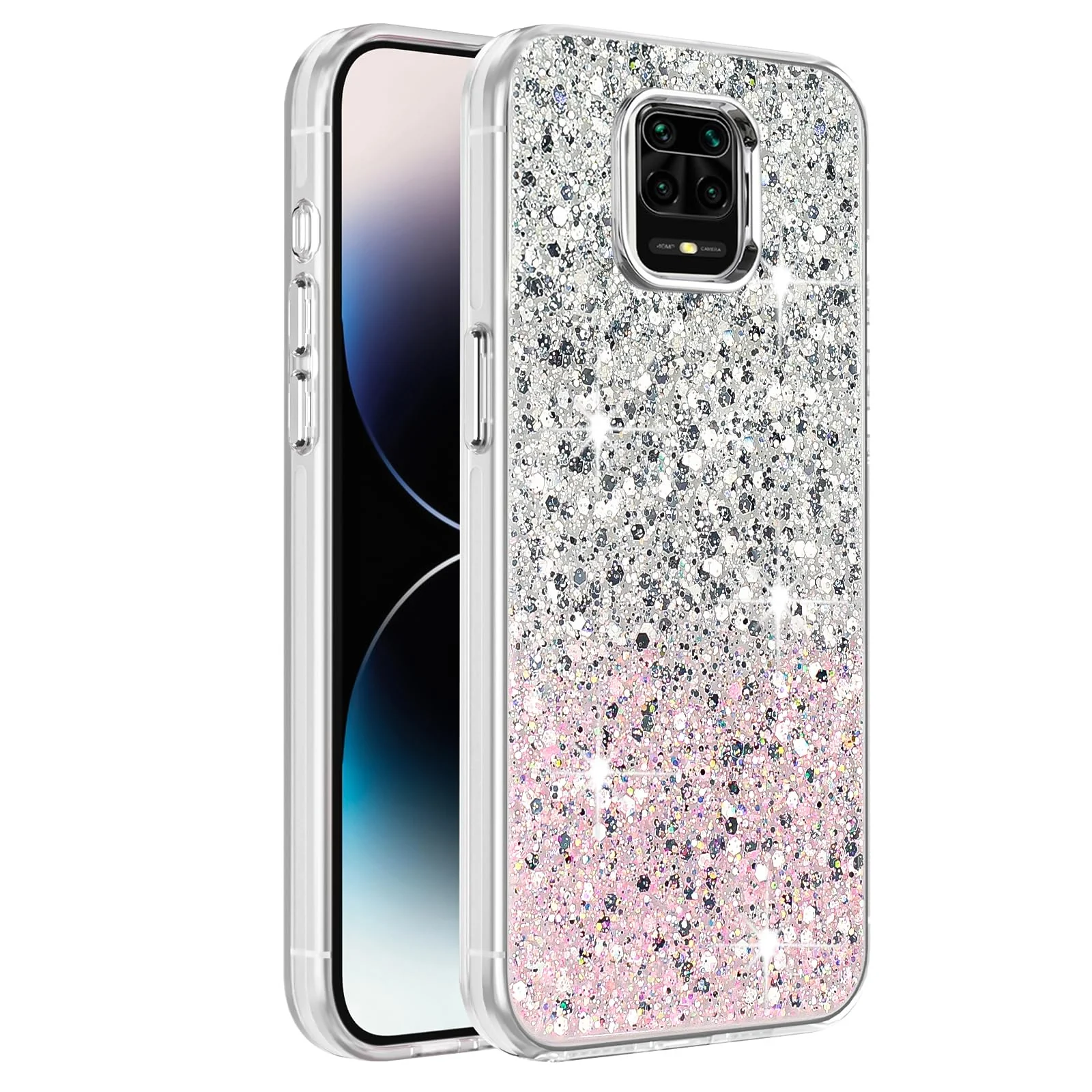 DL3 Mobilak Case Compatible with Xiaomi Mi Redmi Note 9S/Redmi Note9 Pro/Redmi Note 9 Pro Max, Clear Glitter Bling Sparkly, Soft TPU Frame Bumper, Hard-Back Cover for Women & Girls - White Pink