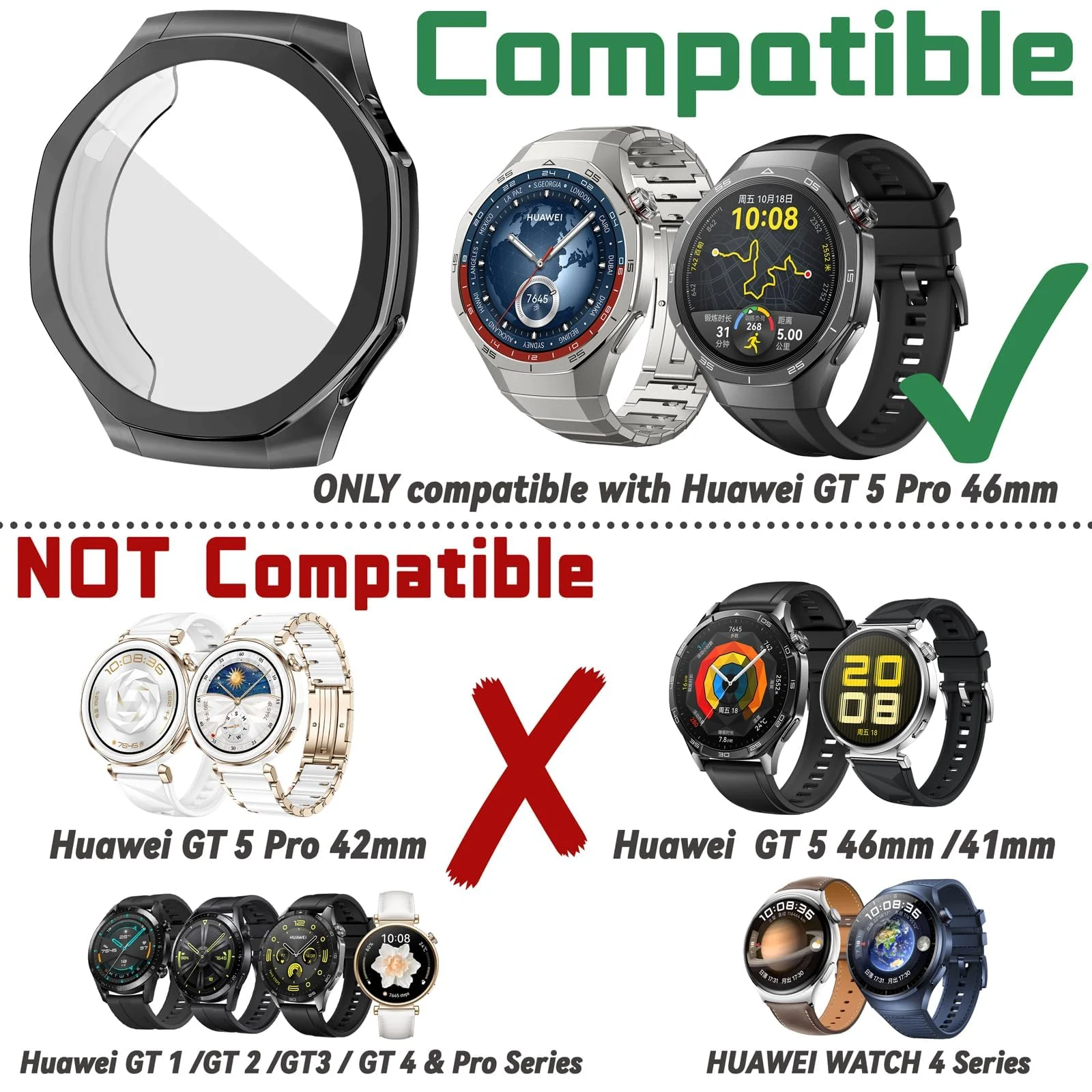 DL3 Mobilak Protective Case compatible with Huawei Watch GT 5 Pro 46mm, All-around Flexible TPU Case with Built-in Screen Protector, Soft Frame & Shockproof Cover fit Huawei Watch GT5 Pro - Black