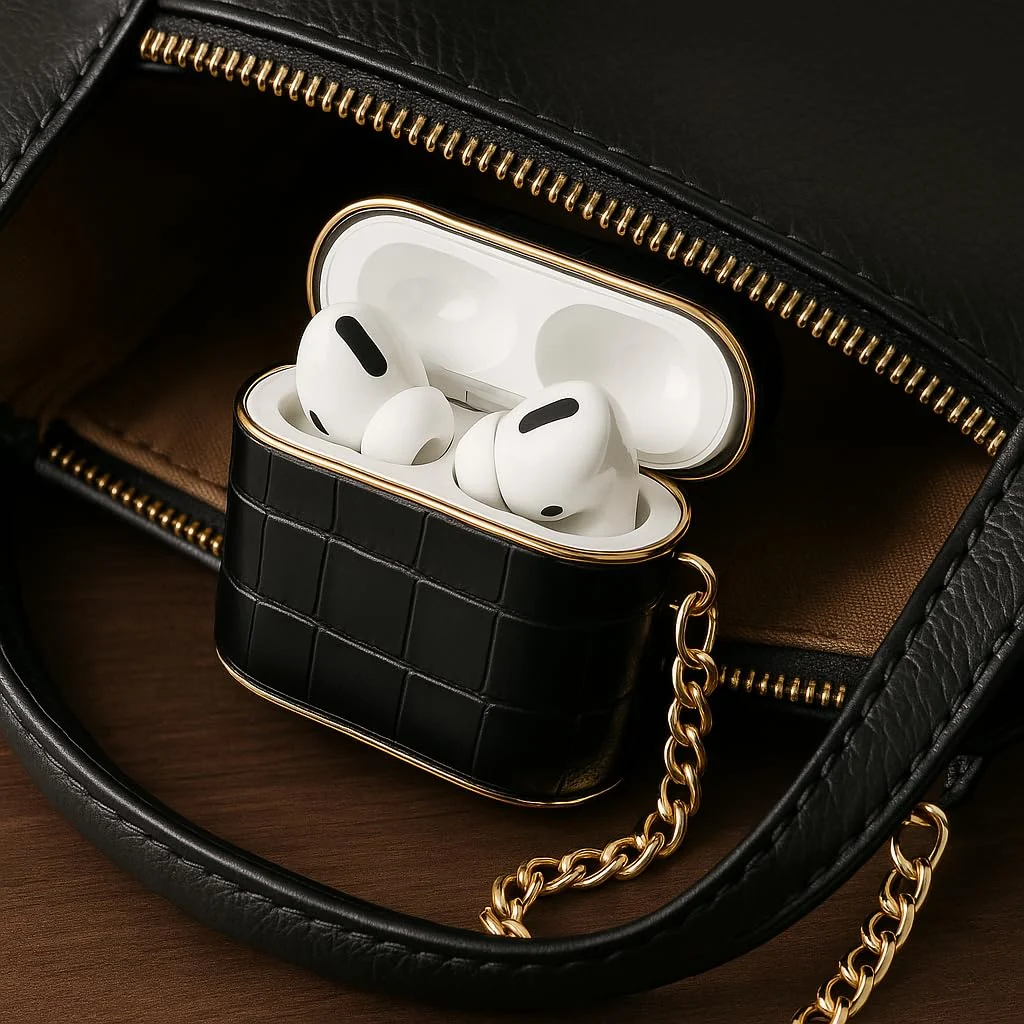 DL3 Mobilak Luxury AirPods Pro 1/2 Case with Gold Chain, Crocodile Pattern PU Leather Protective Cover for Apple AirPod Pro 2nd/1st, Shockproof, Stylish Gift for Women & Men - Elegant Black