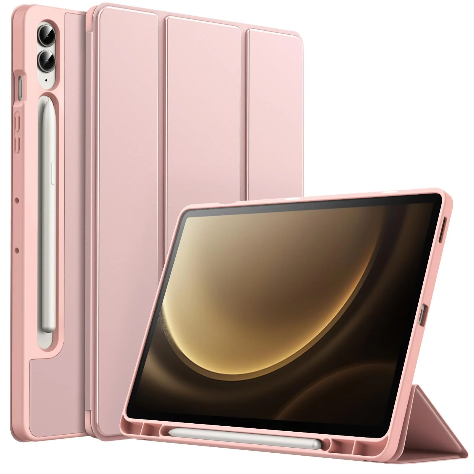 DL3 Mobilak Case for Samsung Galaxy Tab S9+ Plus/Galaxy Tab S9 FE+ Plus 12.4 Inch 2023 with S Pen Holder, Soft TPU Tri-Fold Stand Protective Tablet Cover, Auto Wake/Sleep - Rose Gold