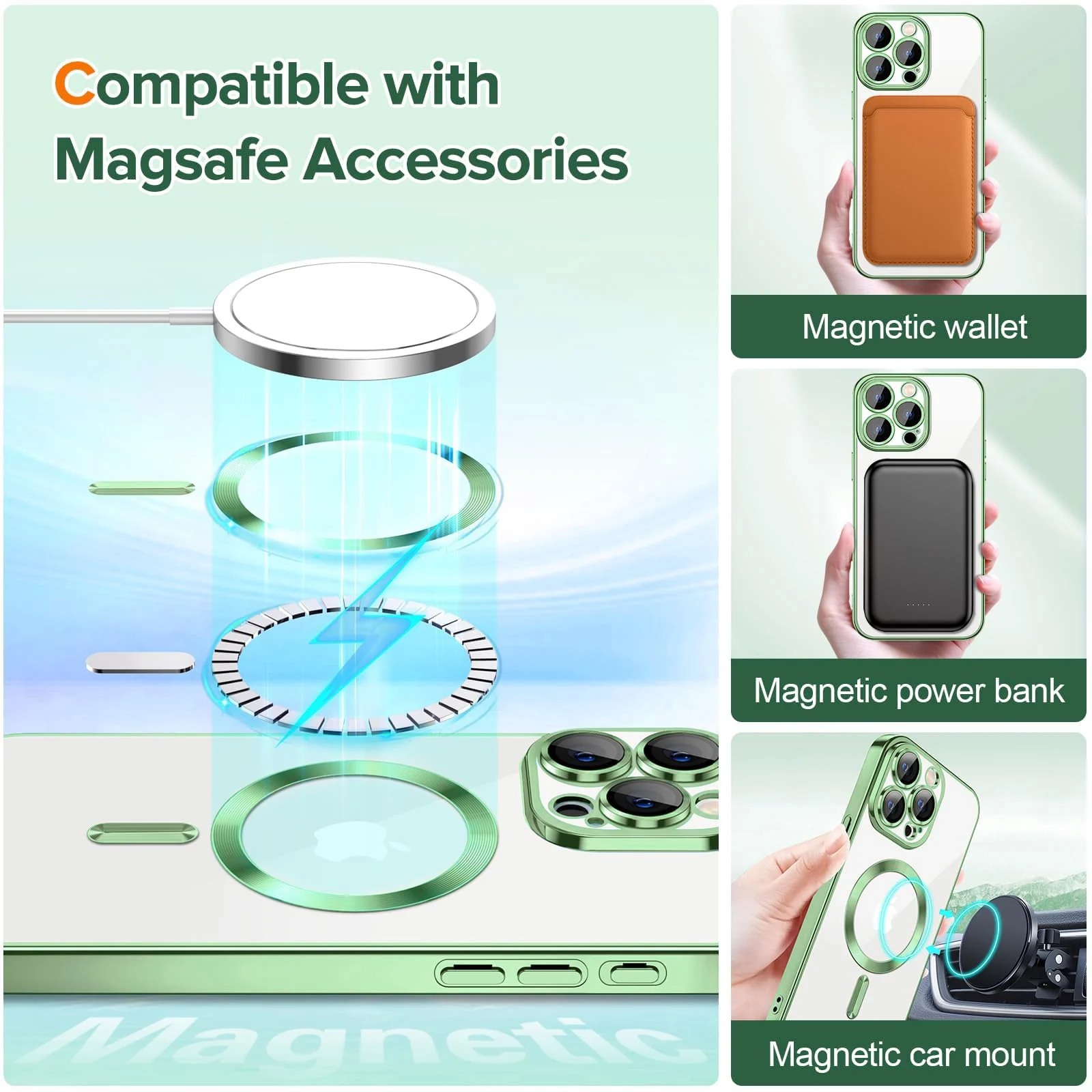 DL3 Mobilak Case for iPhone 11 Pro Max (6.5 Inch) Compatible with MagSafe, with Camera Lens Protector, Magnetic Clear Case Full Protection Plating Anti-Scratch Slim Thin Case Cover - Light Green