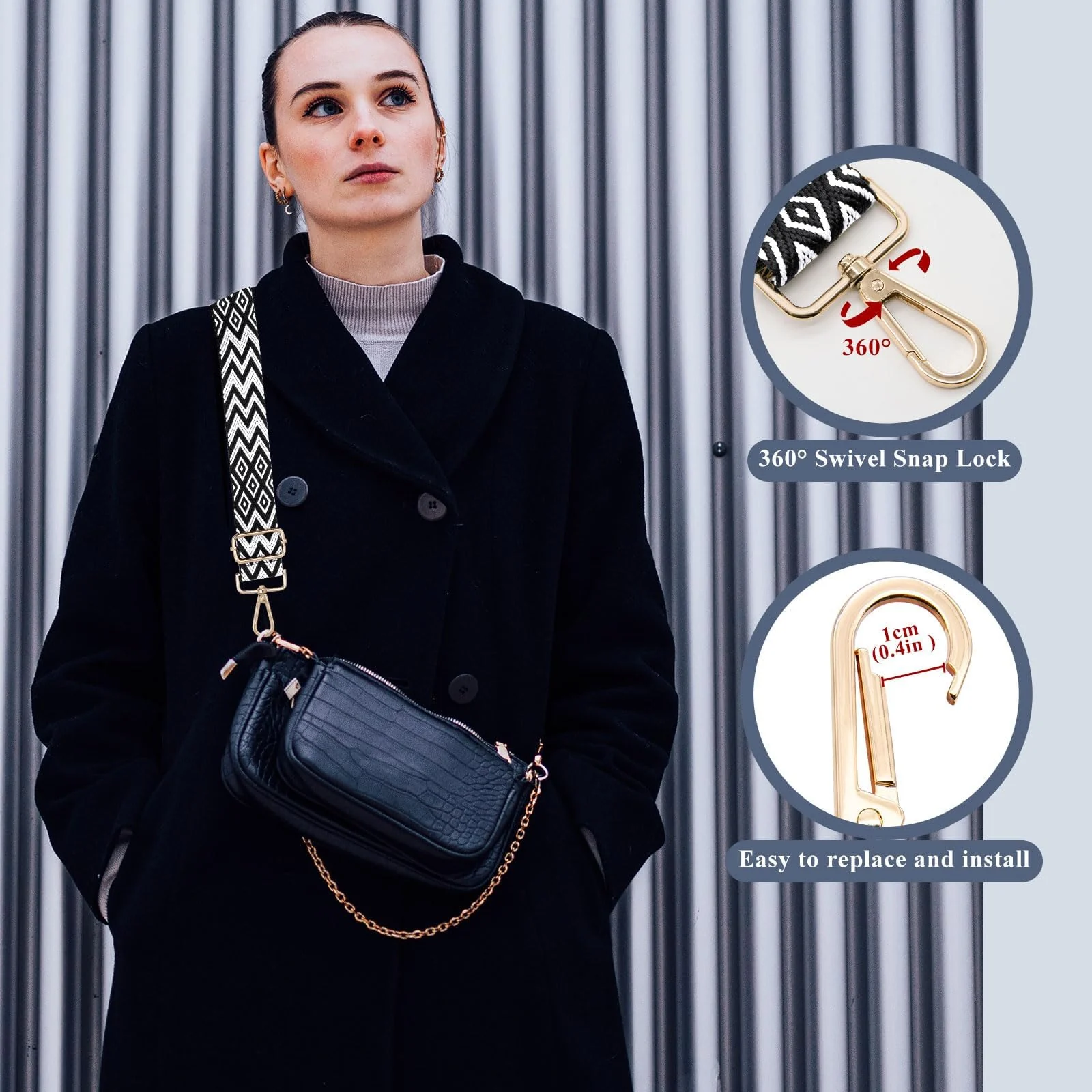 DL3 Mobilak Adjustable Wide Crossbody Bag Strap for Women, Replacement Shoulder Strap for Handbags, Totes & Purses with Elegant Embroidered Pattern and Metal Hooks - White Black