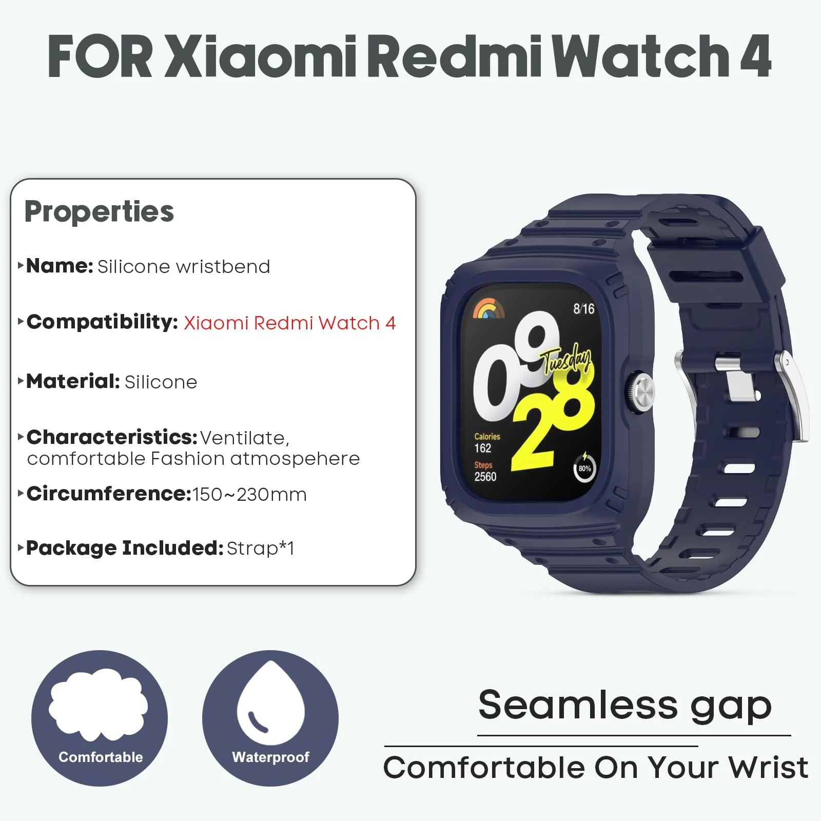 DL3 Mobilak Strap With Cover Compatible with Xiaomi Redmi Watch 4, Silicone Sport Band Replacement Watchband with Bumper Case for Redmi Watch 4, Adjustable Wristband - Midnight Blue