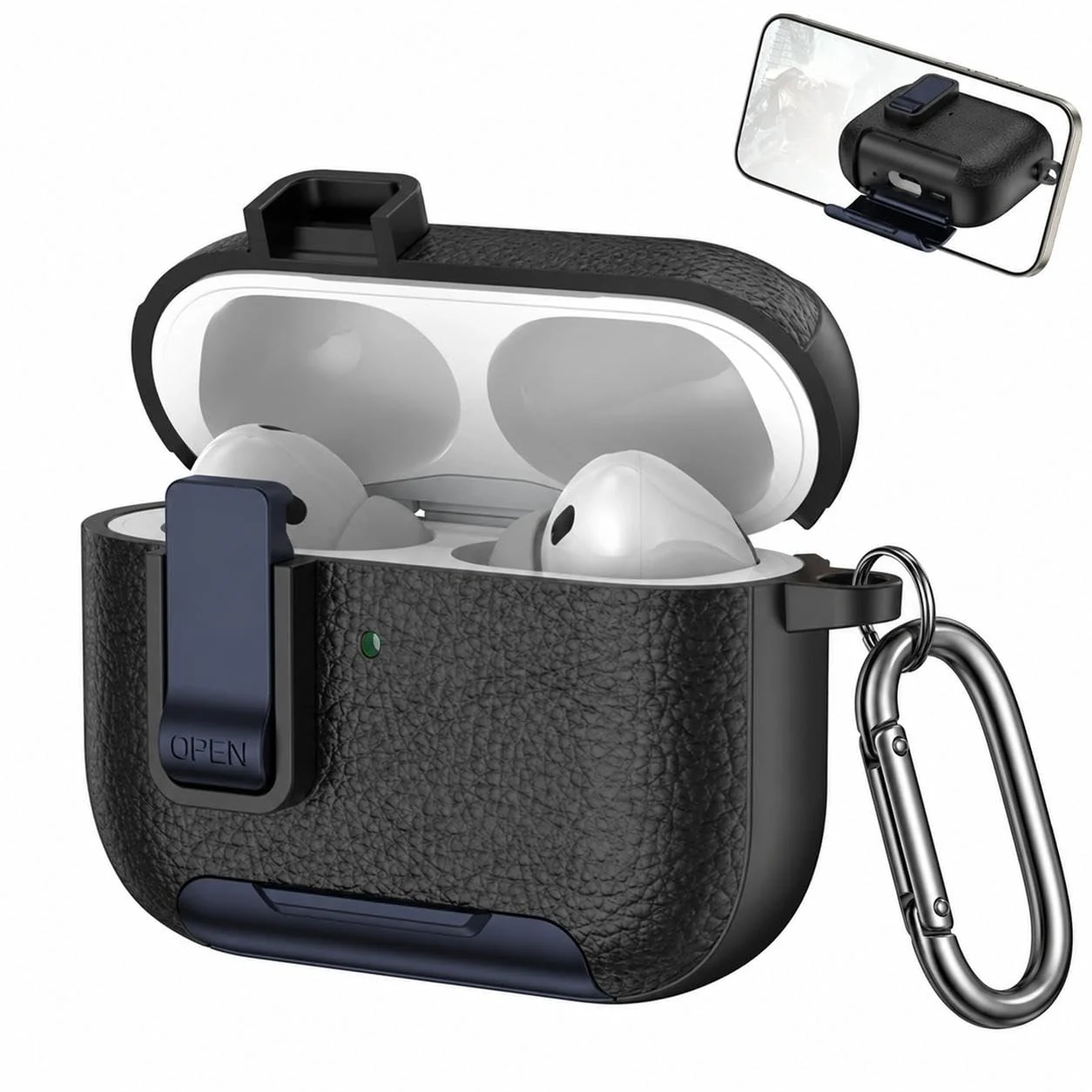 Mobigon for AirPods Pro 2nd / 1st Leather Case with Secure Lock Clip, Support Wireless Charge, Stand and Charging Port Dustproof Design with Carabiner for AirPods Pro 2 (Black/Blue)