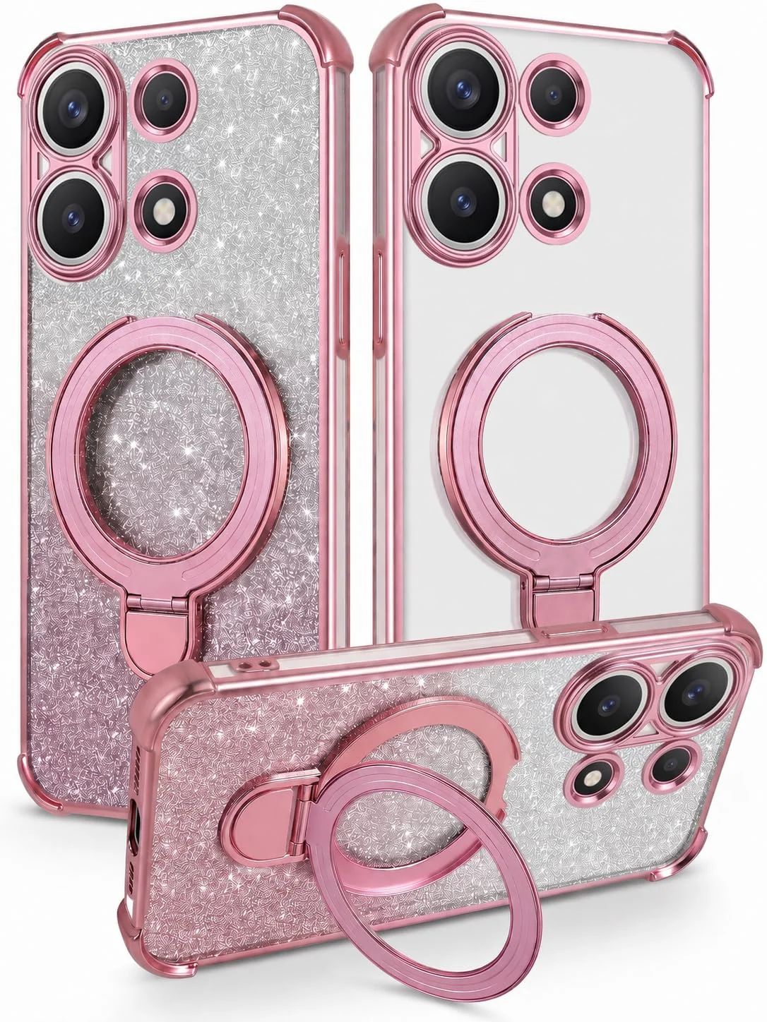 MOBIGON Glitter Phone Case with Magnetic Ring Stand for Xiaomi Redmi Note 13 4G, Pink