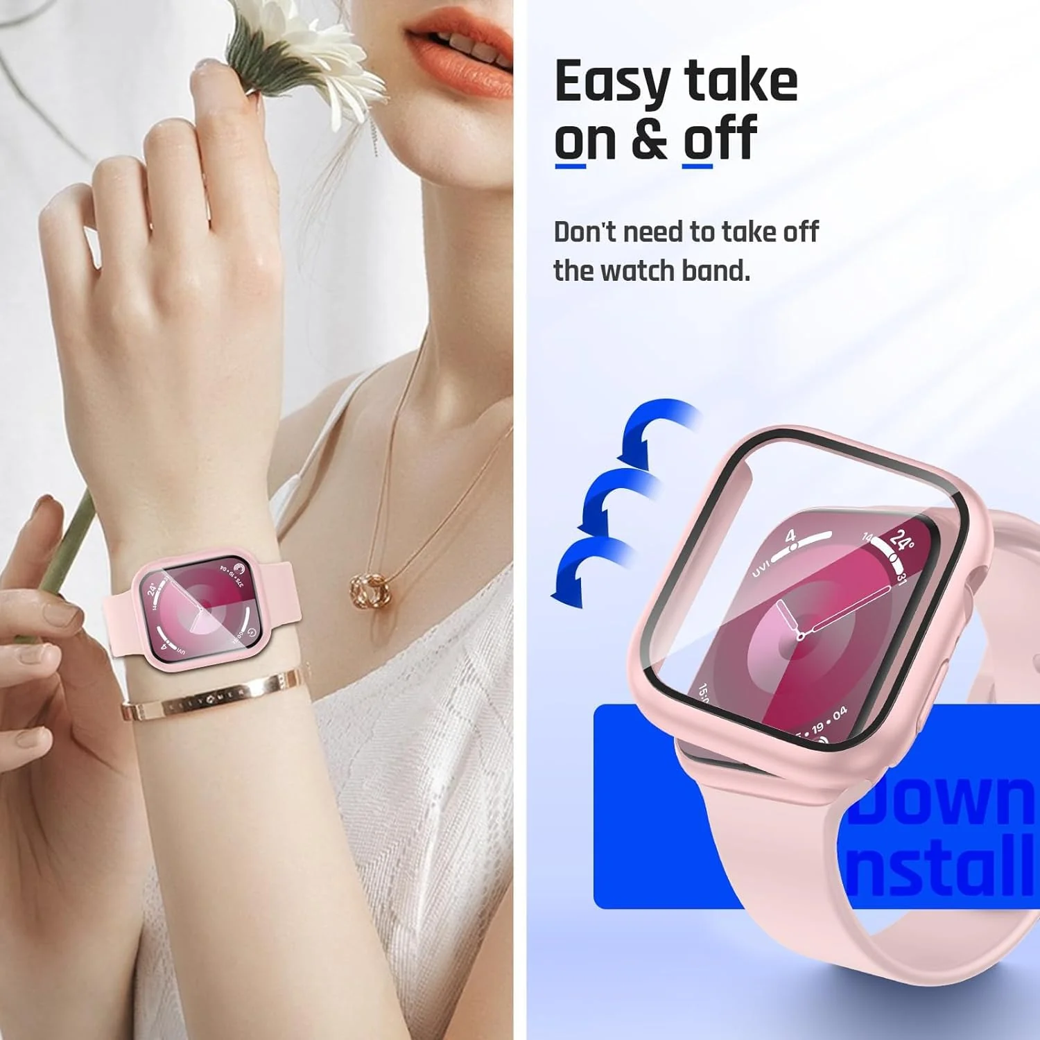DL3 Mobilak Hard Case Designed for Apple Watch Series 9/8/7 45mm, Built-in 9H [HD Clear] Tempered Glass Screen Protector, [Full Protection] Slim Cover for iWatchSeries 9/8/7 45mm - Pink