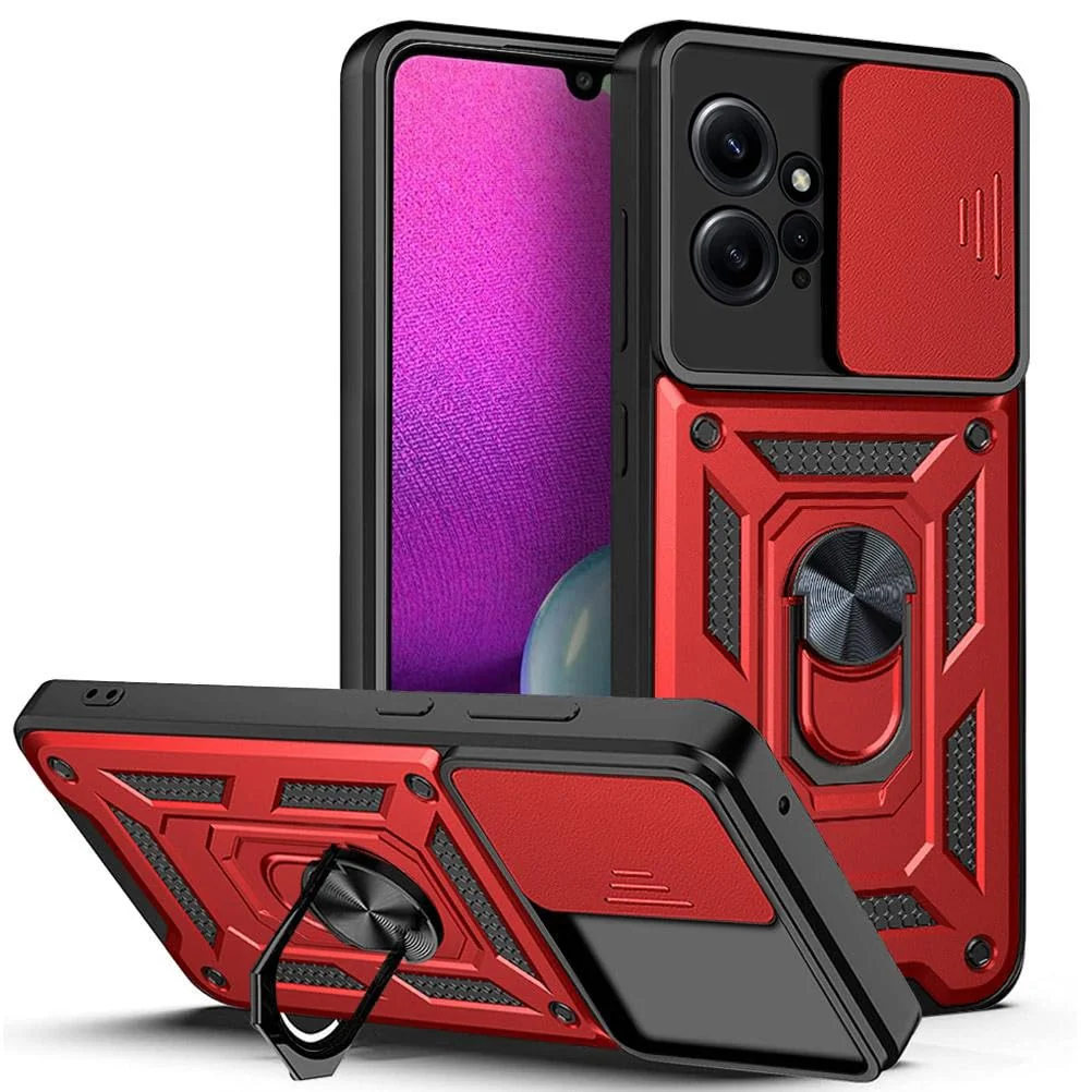 DL3 Mobilak Military-Grade Protective Case with Sliding Camera Cover, Metal Ring Kickstand and Magnetic Car-Mount Support for Xiaomi Redmi Note 12 4G (Not 5G) - Red
