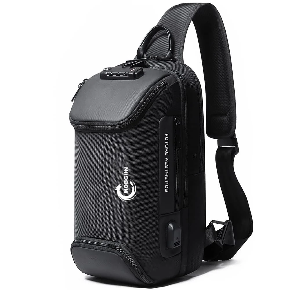 Mobigon Chest Bag for Men, Sling Crossbody Backpack with USB Charging Port & Combination Lock, Waterproof Shoulder Bag, Fits up to 12 Inch Tablet, Anti-Theft Travel Work Hiking Bag - Black