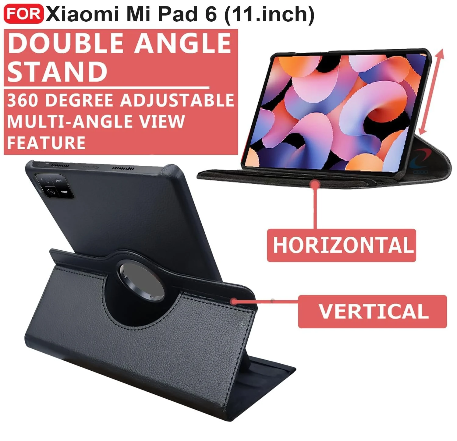 DL3 Mobilak Protective Cover for Xiaomi Pad 6/Xiaomi Pad 6 Pro, 360° Rotatable Smart Stand, Leather Folio Flip Cover with Multi-Angle Viewing, Auto Wake Sleep - Black