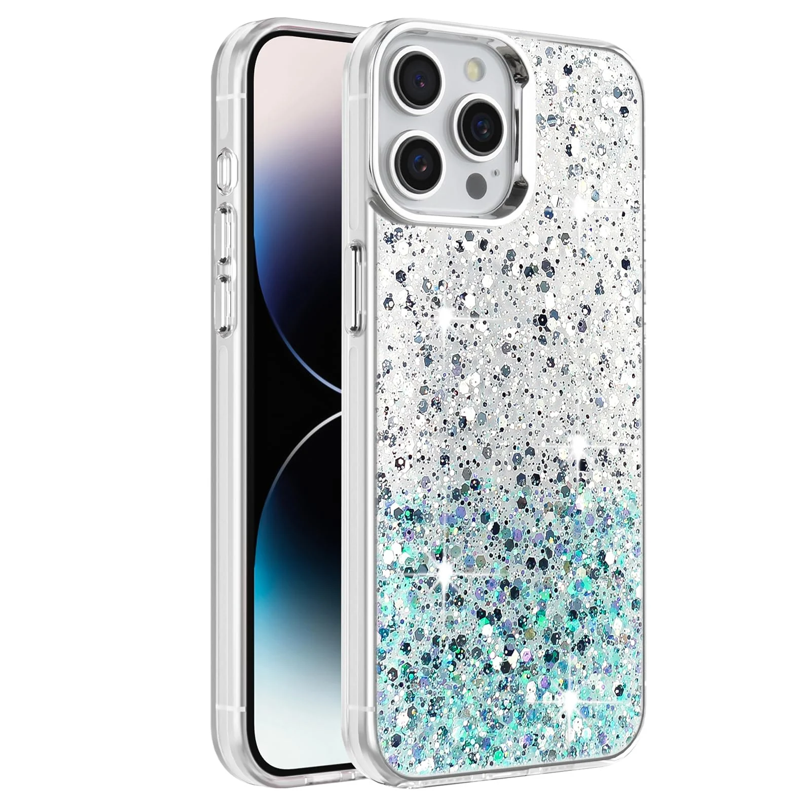 DL3 Mobilak Glitter Rhinestone Protective Case for iPhone 14 Pro (6.1 Inch) with Shockproof Design - White Green