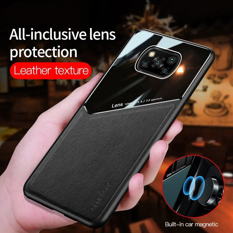 DL3 Mobilak Luxury Case For Xiaomi 14 Pro, Ultra-Thin Soft TPU Frame, Back Leather Mixed Double+Plexiglass Protective Cover With Built-in Car Magnetic - Black