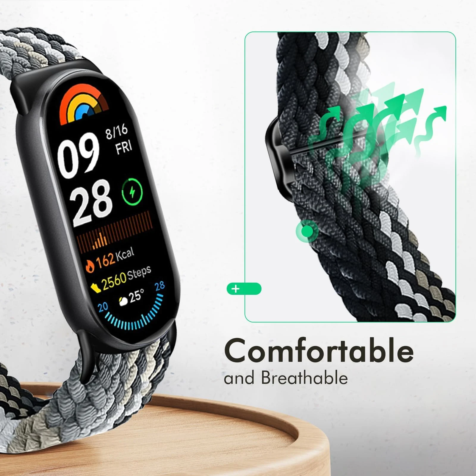 DL3 Mobilak Compatible with Xiaomi Mi Band 10/9/8 strap, Braided Solo Loop for Nylon Elastic Adjustable Replacement Wristband Compatible with Xiaomi Smart Band 8/9/10 - Colorful Black