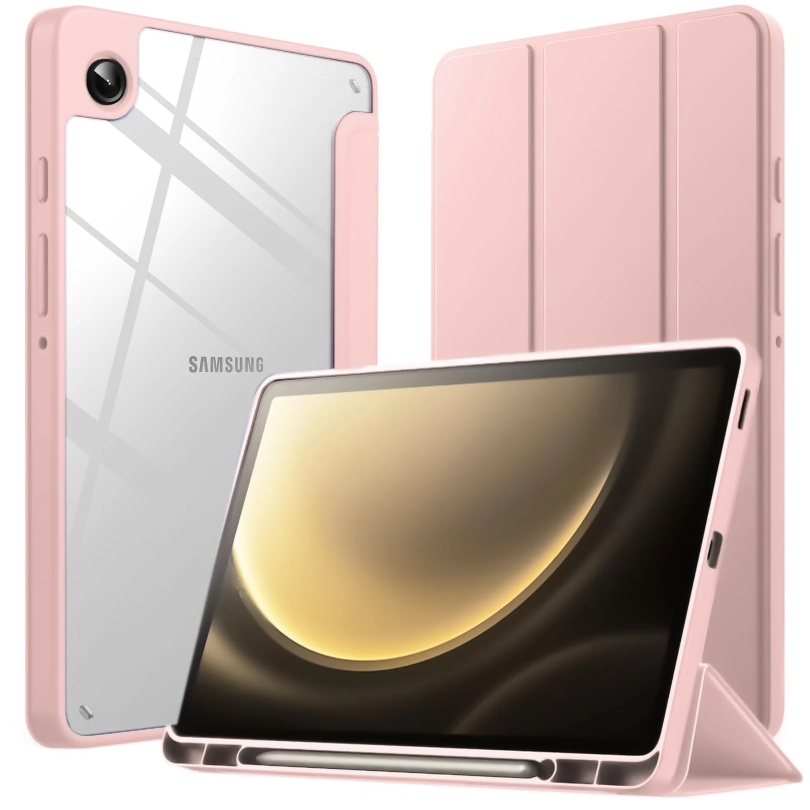 DL3 Mobilak Samsung Galaxy Tab A9 Cover Case 8.7 inch Tablet Cover [SM-X110/X115/X117] Case with Pen Holder, Soft TPU Back Trifold Stand Protective Smart Cover Flip, Auto Wake&Sleep - Pink
