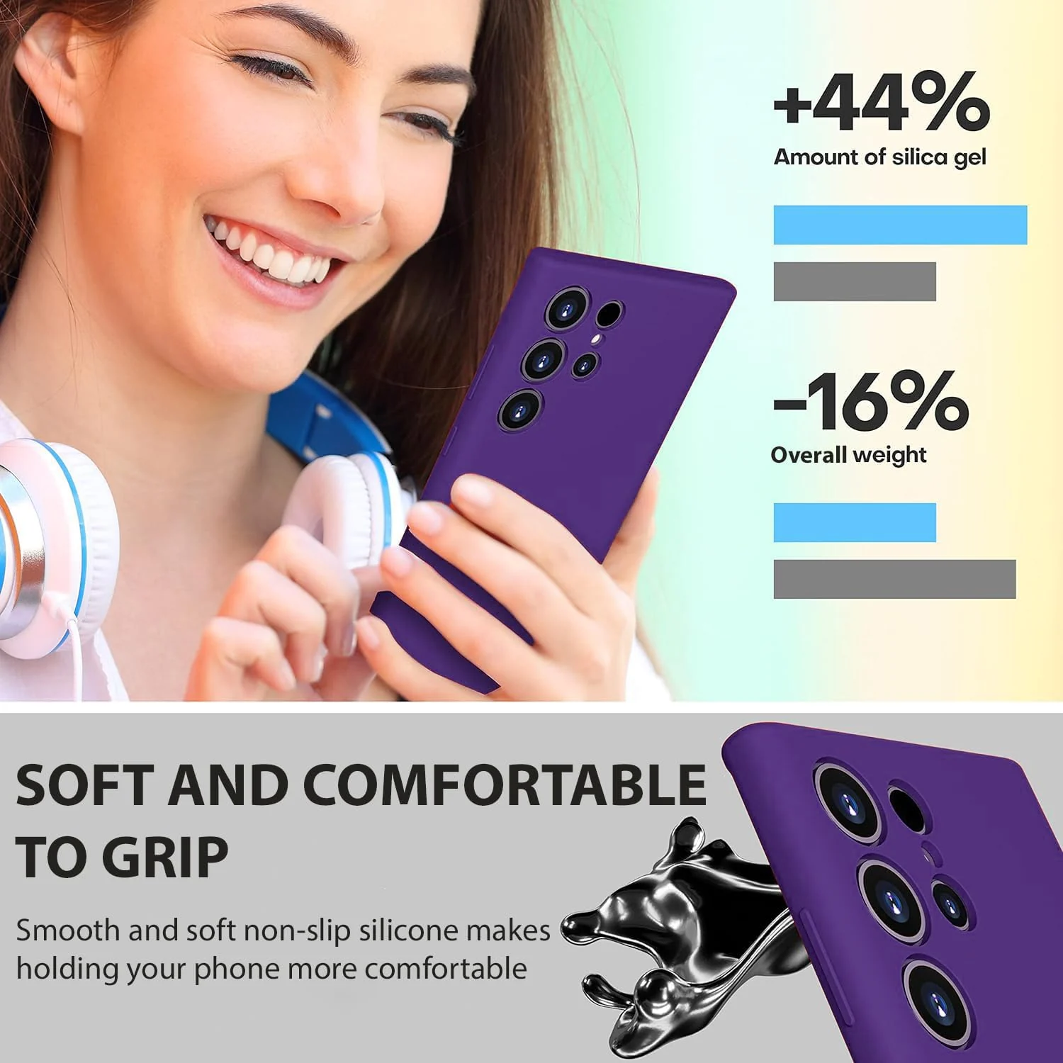 DL3 Mobilak Silicone Protective Case for Samsung Galaxy S24 Ultra, Shock-absorbing protection, Built-in kickstand, Integrated ring holder - Purple