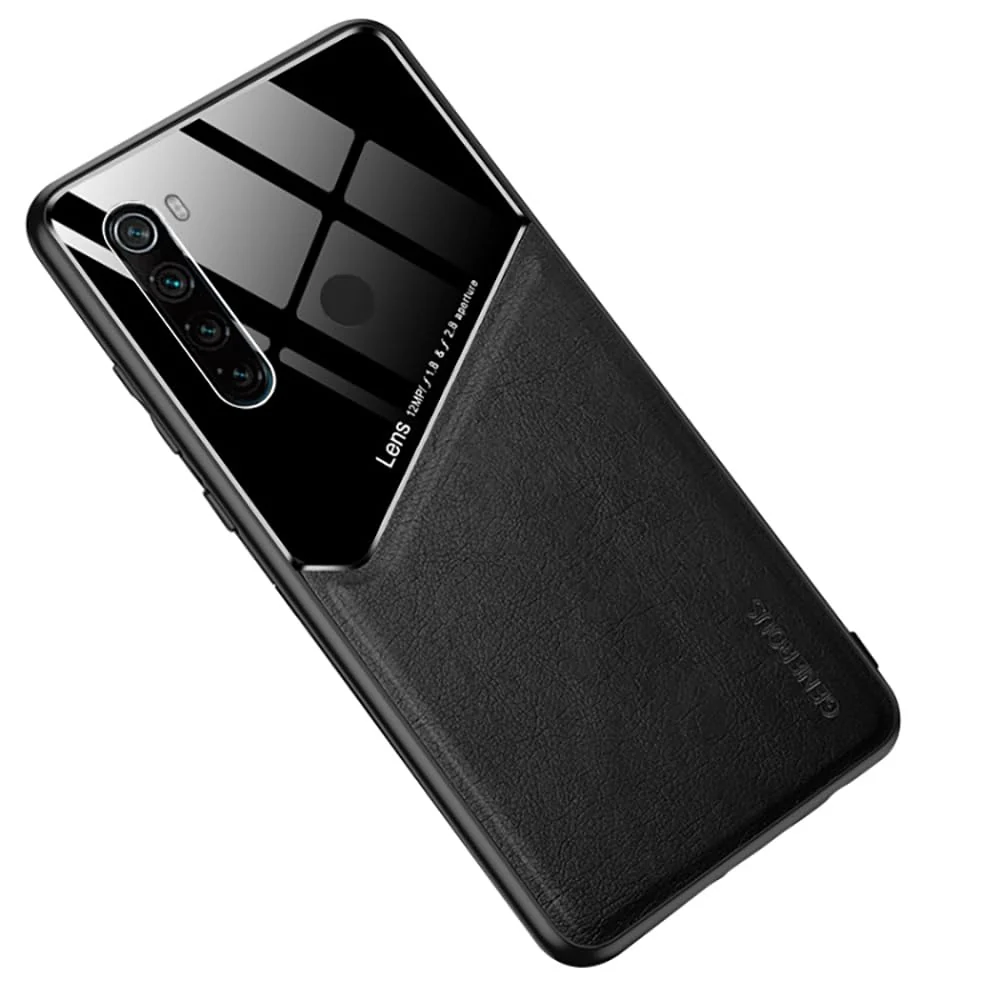 DL3 Mobilak Faux Leather and Plexiglass Protective Case with TPU Frame and Magnetic Car-Mount Support for Xiaomi Redmi Note 8 (2019 / 2021) - Black