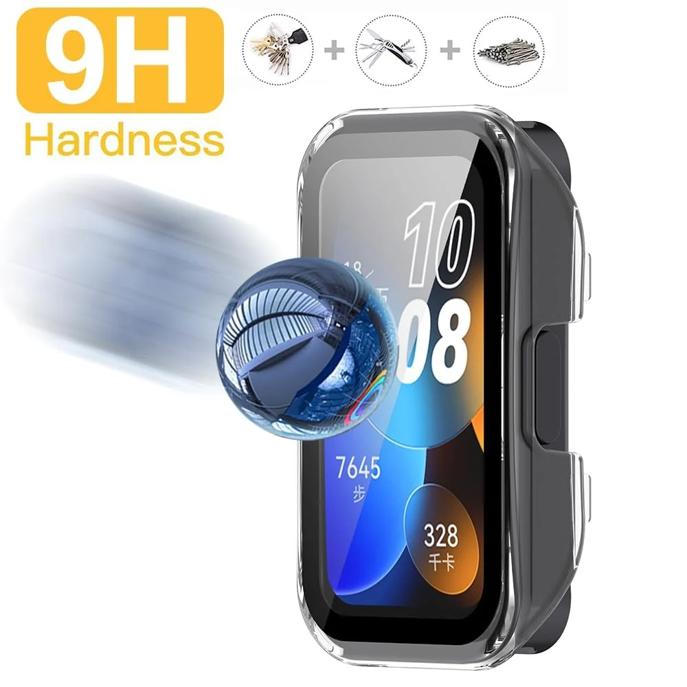 DL3 MOBILAK Protective Case Compatible with Huawei Band 9/8 9H Hardness PC Case Bumper Full Slim Protective Cover with Tempered Glass For HUAWEI Band 8/9 - Clear