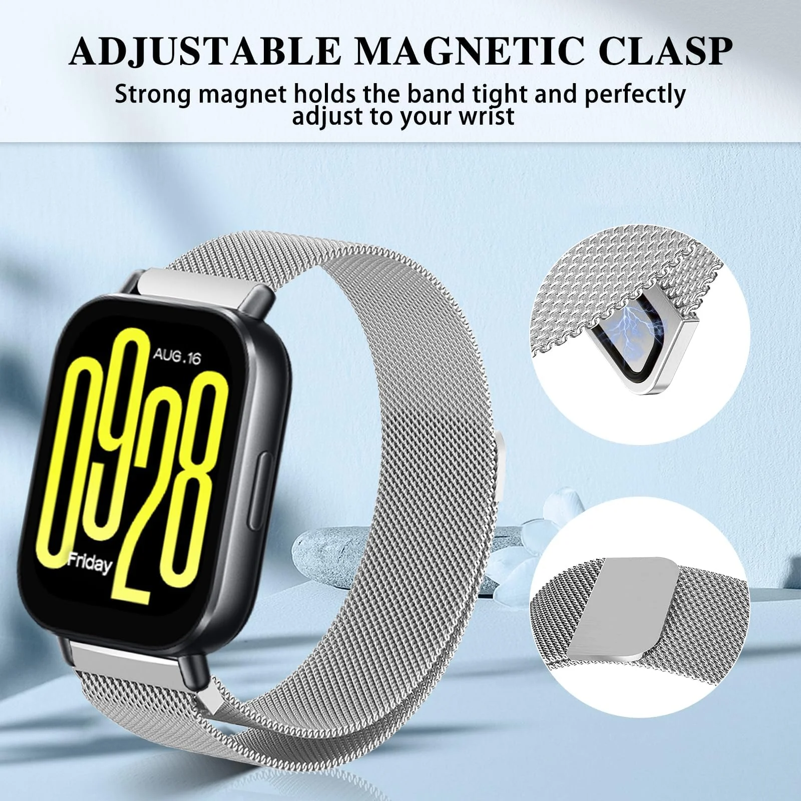 DL3 MOBILAK Milanese Magnetic Stainless-Steel Watch Strap for Xiaomi Redmi Watch 5 Lite and 5 Active - Silver