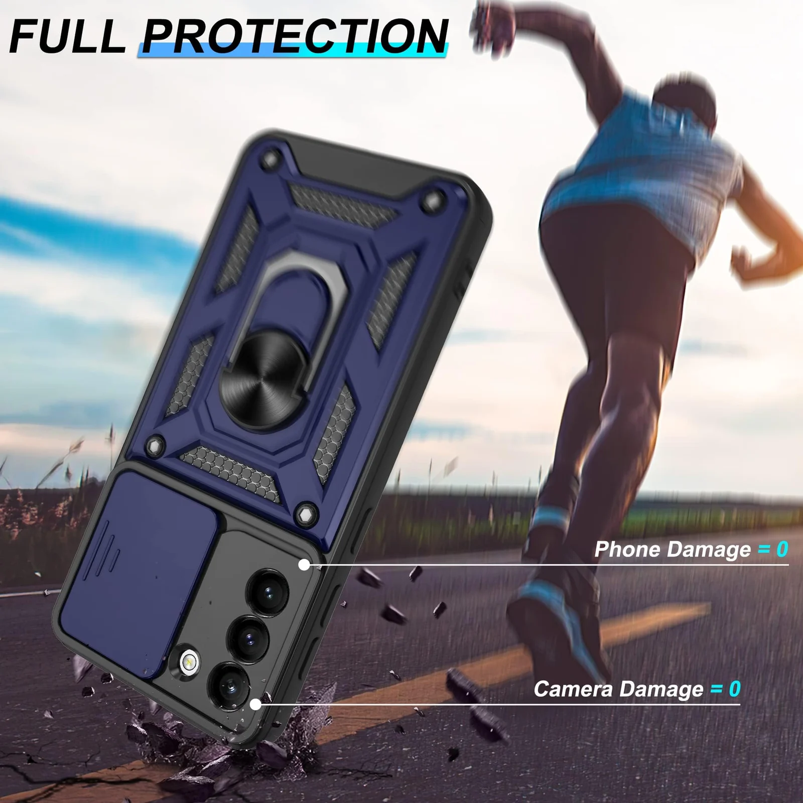 DL3 Mobilak Silicone Protective Case for Samsung S21 PLUS with Slide Camera, Built-in magnetic car-mount support, Shock-absorbing protection, Built-in kickstand - Blue