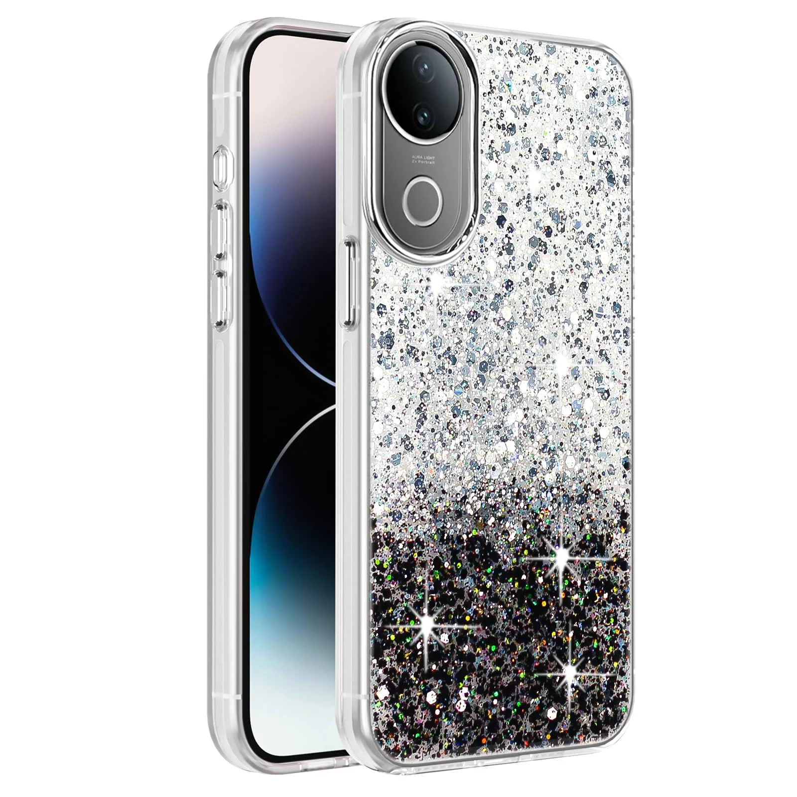 DL3 Mobilak Glitter Protective Case for vivo V50 5G / vivo V50e 5G, Supports wireless charging, Camera protection, Shock-absorbing protection - White Black