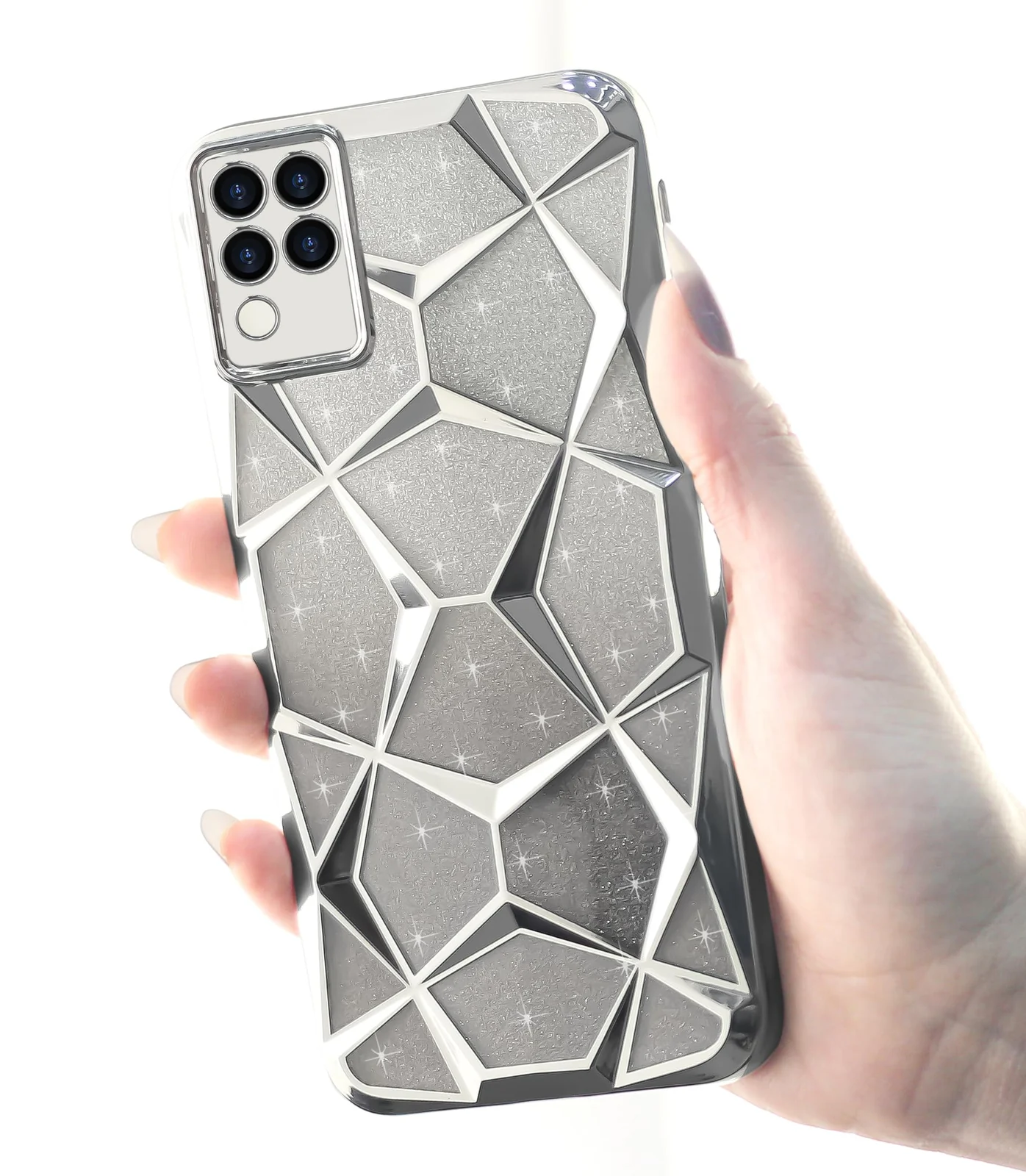 DL3 Mobilak Glitter Protective Case for Samsung Galaxy A12 / M12, Supports wireless charging, Camera protection, Shock-absorbing protection - Silver