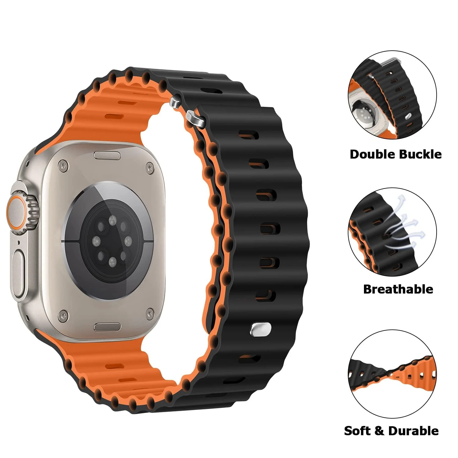DL3 Mobilak Ocean Band For Apple Watch Ultra 49mm 45mm 44mm 42mm, Waterproof Soft Silicone Sport Wristbands Replacement Strap iWatch Ultra SE 8 7 6 5 4 3 2 1 (42MM/44MM/45MM/49MM) - Black Orange