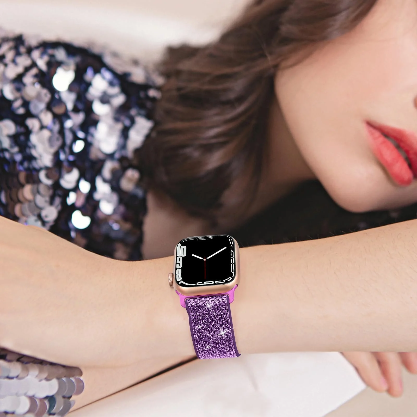 DL3 Mobilak Stretchy Bling Band For Apple Watch 49mm 46mm 45mm 44mm 42mm Women, Nylon Sparkly Strap Solo Loop Glitter Wristband for iWatch Series 11 10 9 8 7 6 5 4 SE3 SE2 SE Ultra 3 2 1 - Purple