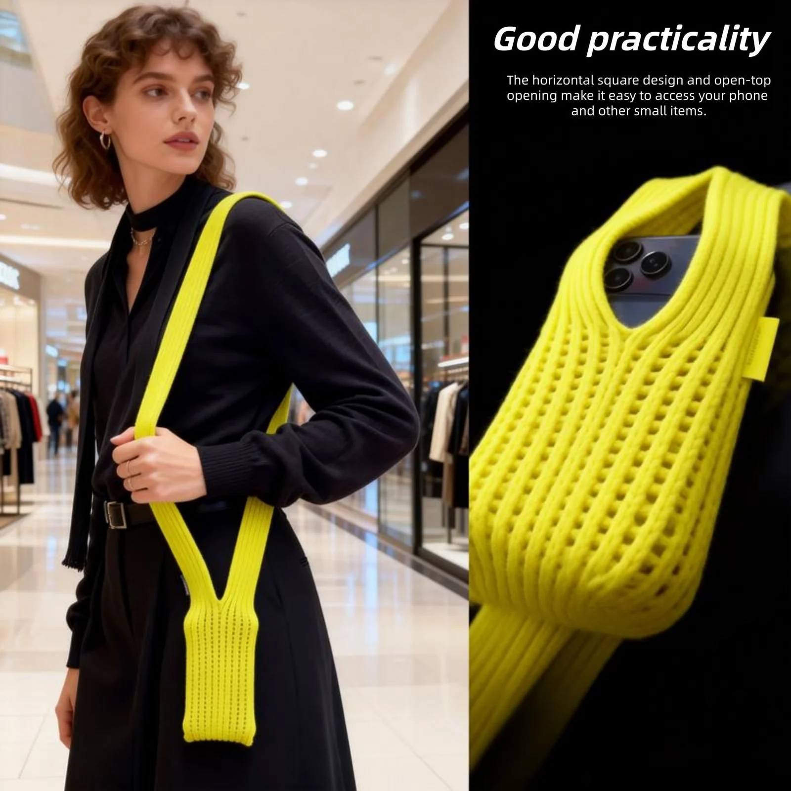 DL3 Mobilak Phone Pocket Lanyard Crossbody Strap 80cm, Universal Stretch Knit Mobile Holder Pouch, Hands-Free Shoulder Phone Bag for iPhone & All Smartphones, Lightweight Minimalist Design - Lemon