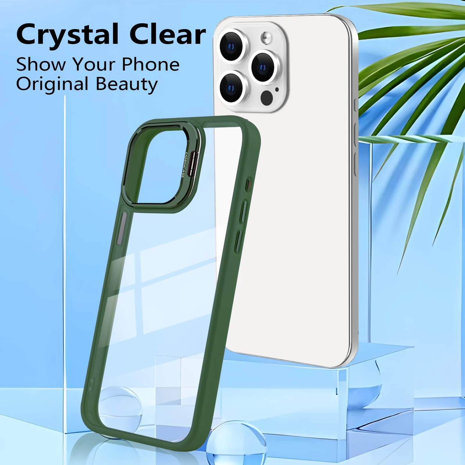 DL3 Mobilak Clear PC and TPU Case with Camera Ring Kickstand and Lens Protector for iPhone 15 Pro - Green