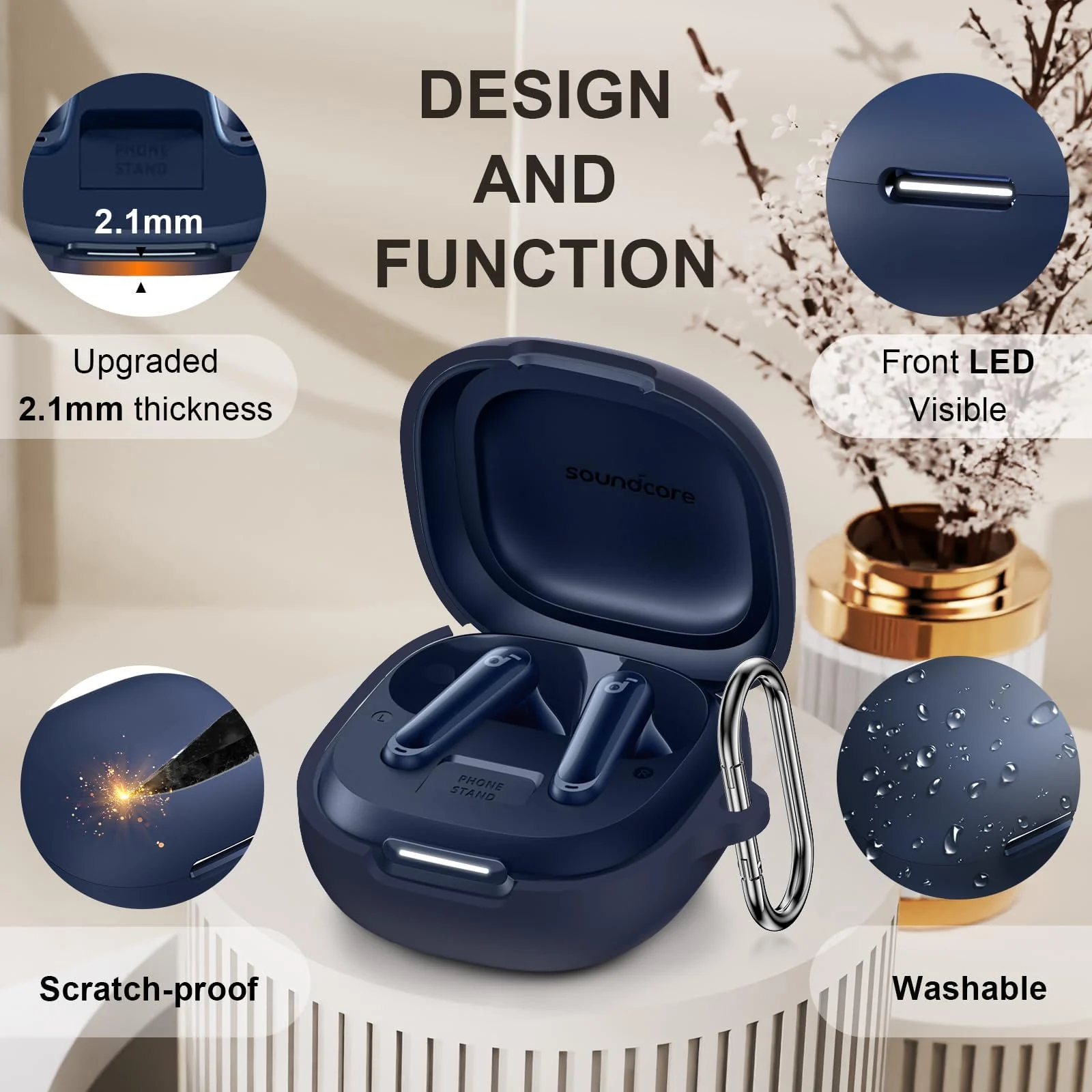 DL3 Mobilak Compatible with Anker Soundcore P40i Case Cover, Soft Silicone Shockproof Protective Skin Case for Soundcore P40i Wireless Earbuds with Carabiner, Front LED Visible - Blue