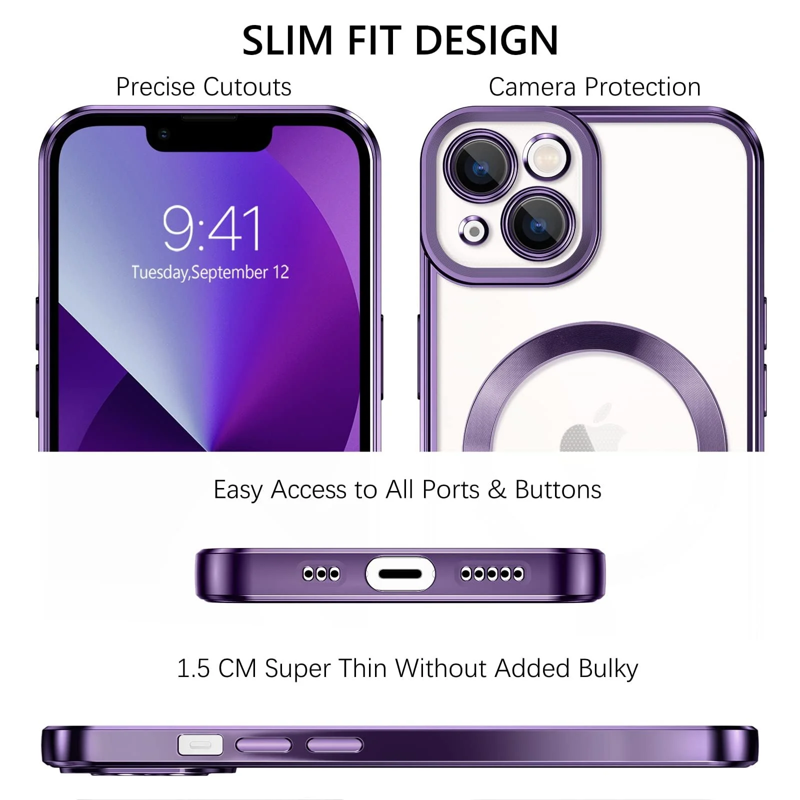 DL3 Mobilak Clear TPU Case for iPhone 13 (6.1 Inch) Compatible with, Compatible with MagSafe accessories, Supports wireless charging, Camera protection - Deep Purple