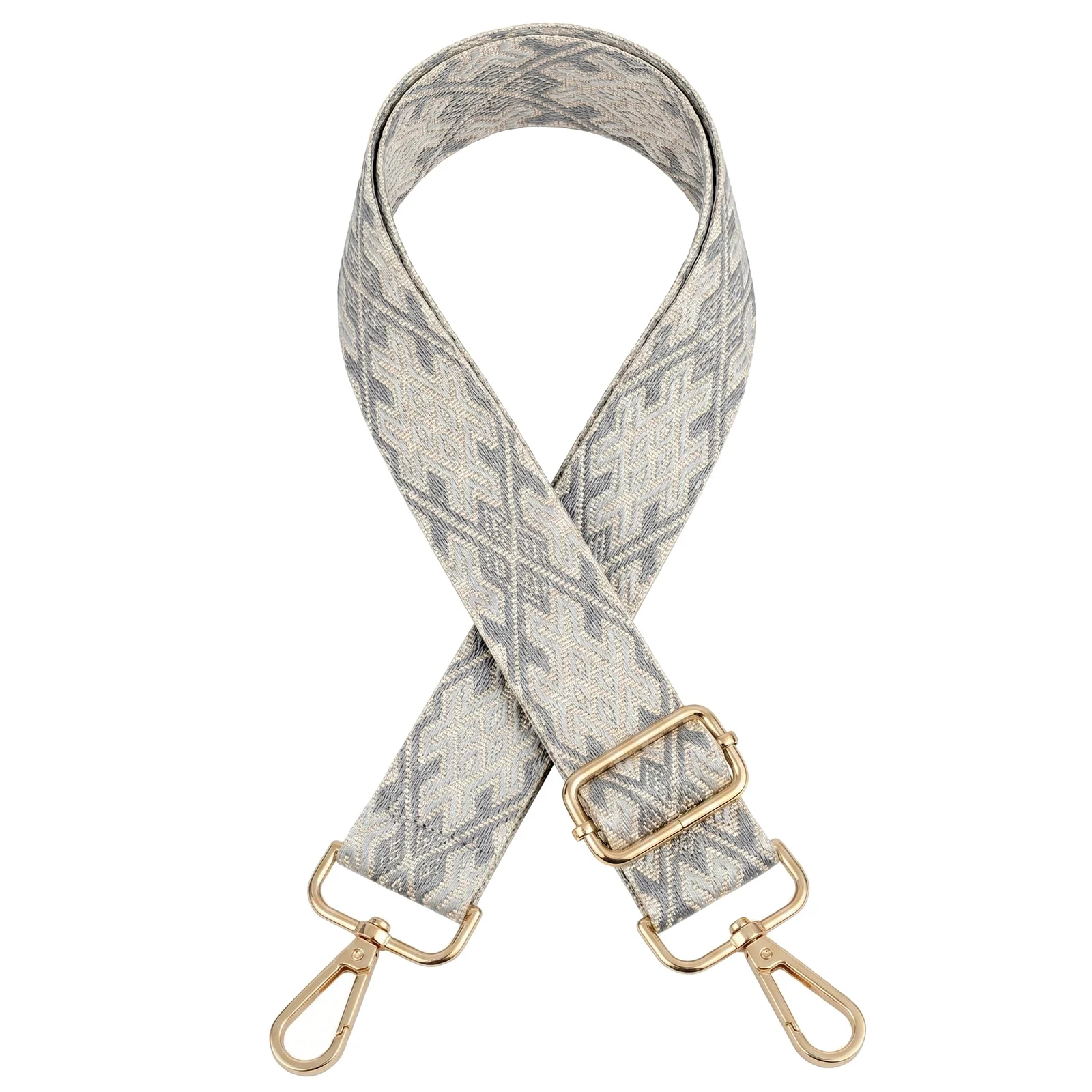 DL3 Mobilak Adjustable Wide Crossbody Bag Strap for Women, Replacement Shoulder Strap for Handbags, Totes & Purses with Elegant Embroidered Pattern and Metal Hooks - Gray/Beige