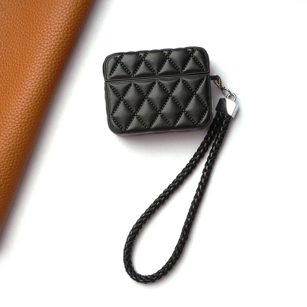 MOBIGON Diamond-Quilted PU Leather Case with Lanyard for Apple AirPods Pro 1 / 2, Black